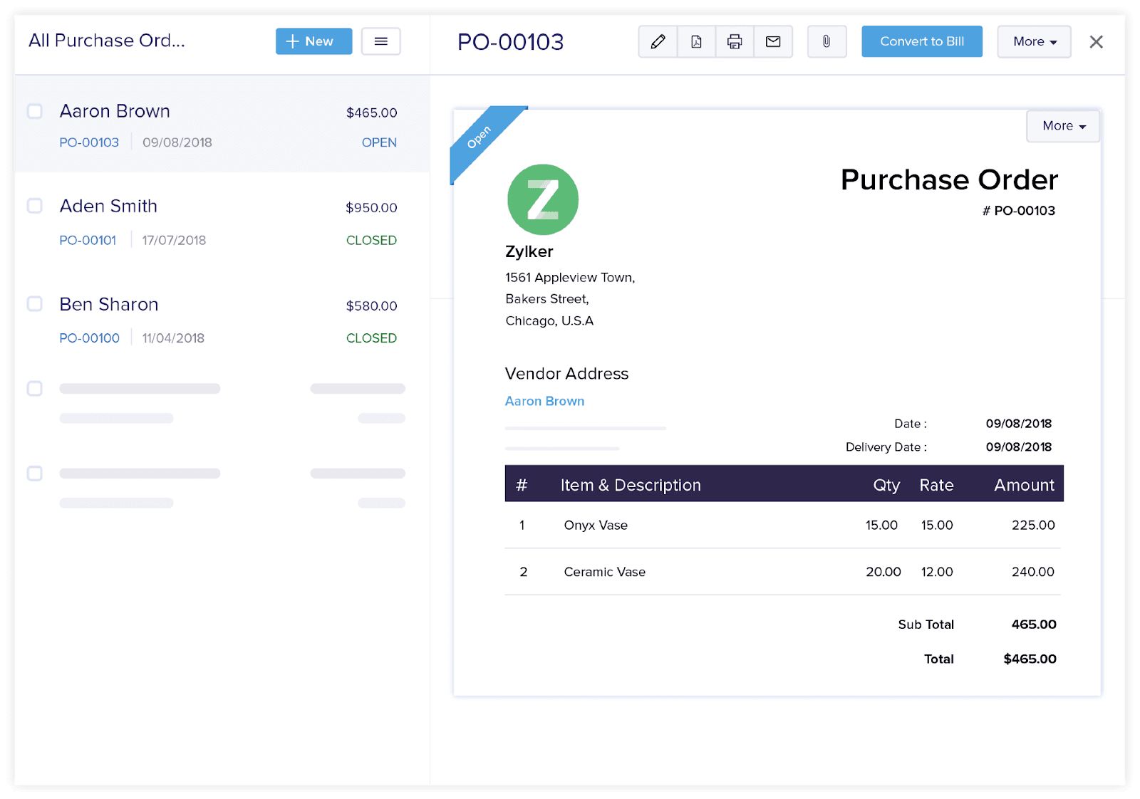Interface of Zoho Purchase Order