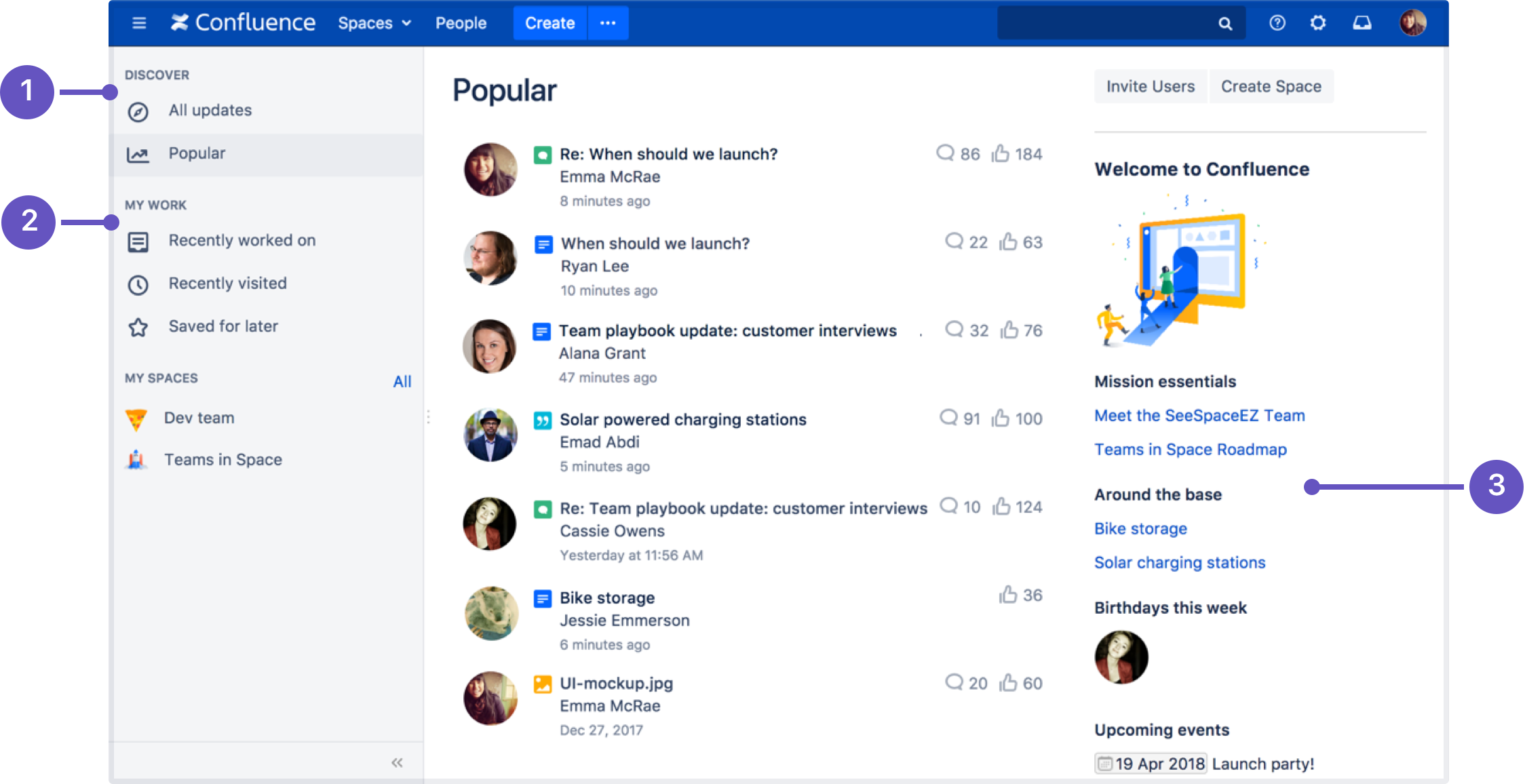 Confluence workspace showing team documentation and pages