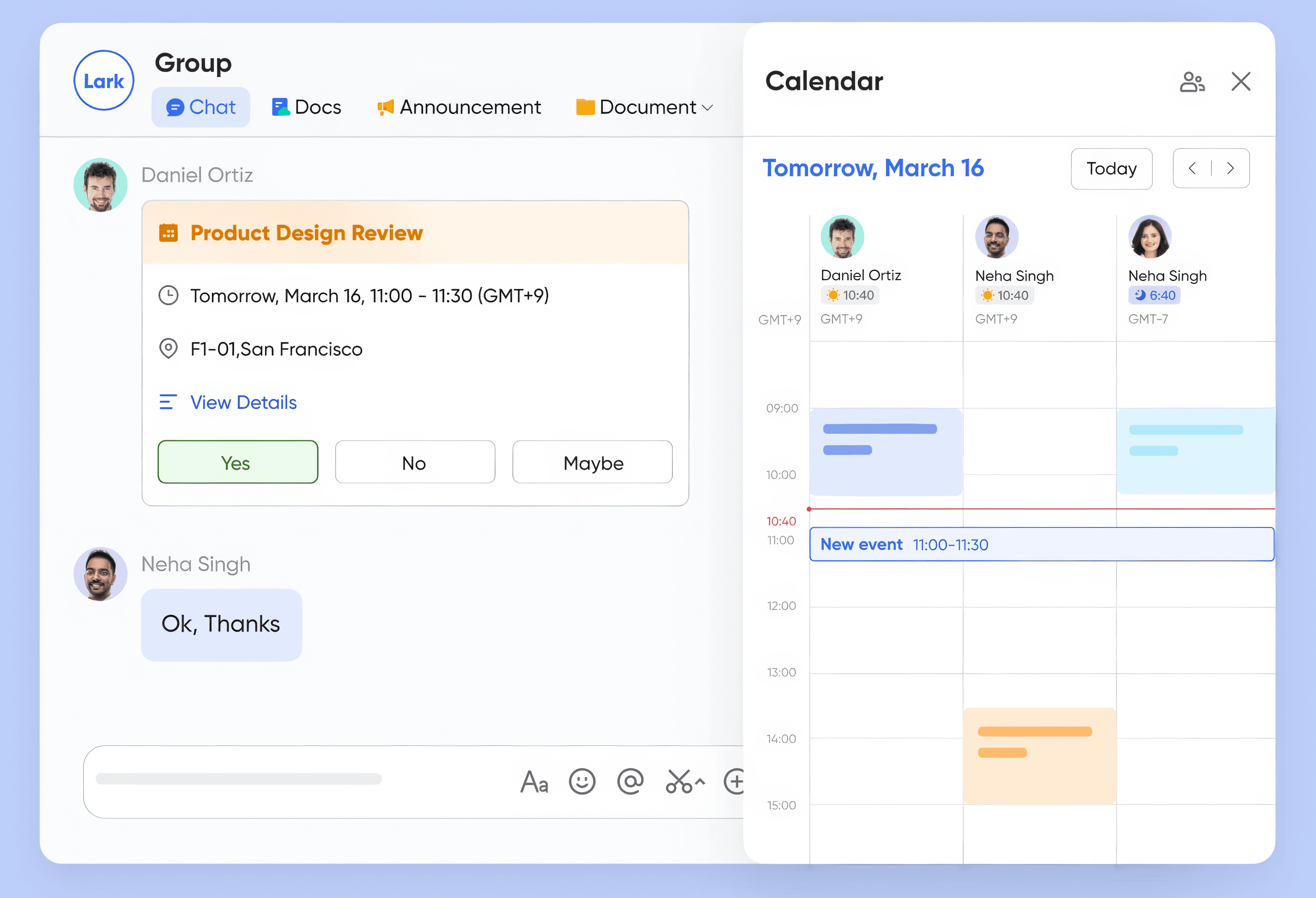 Lark's integrated chat and calendar view