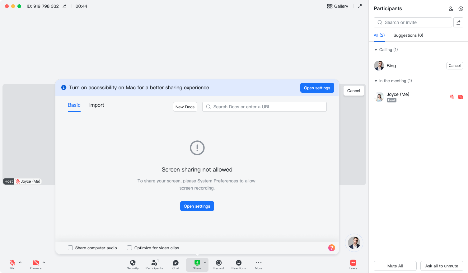 What should I do if I can't share my screen?
