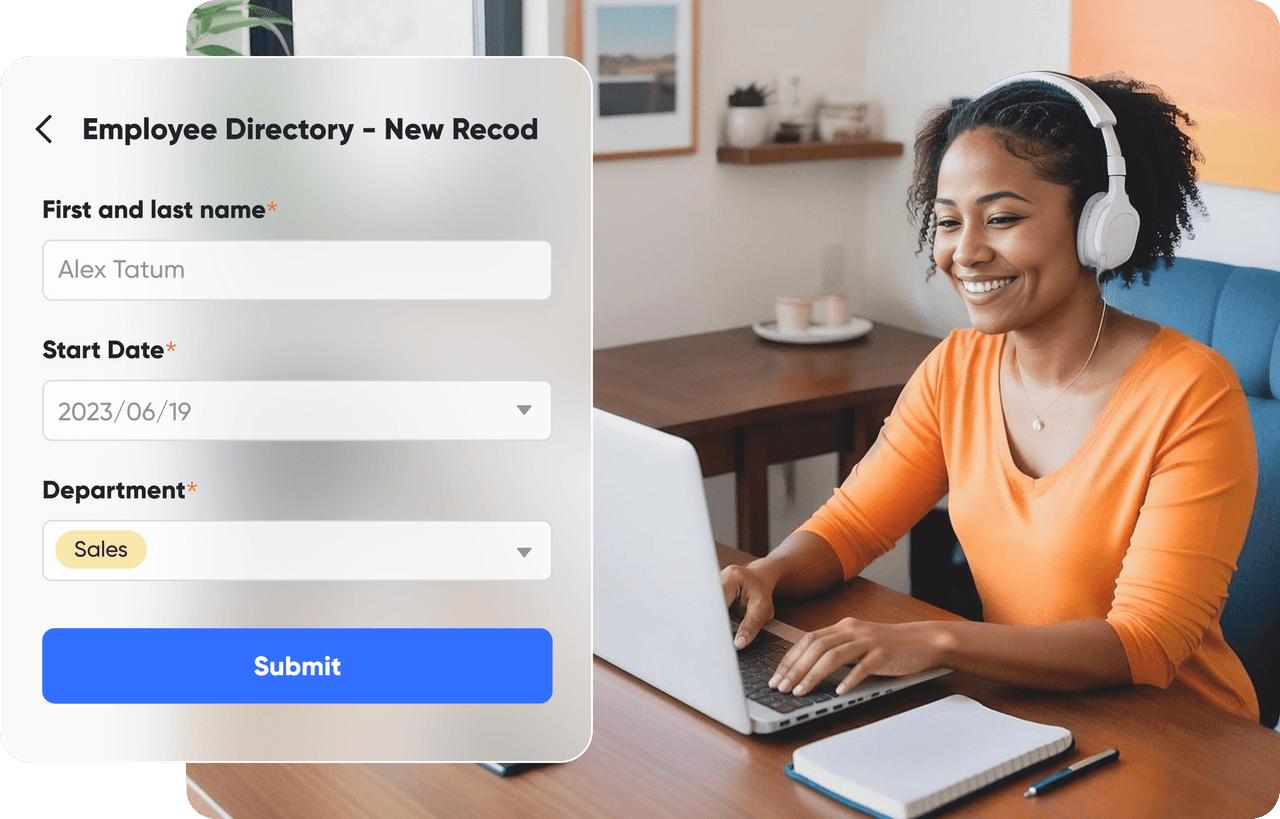 HR specialist is adding a new employee's information into the directory, using a flexible employee directory template.
