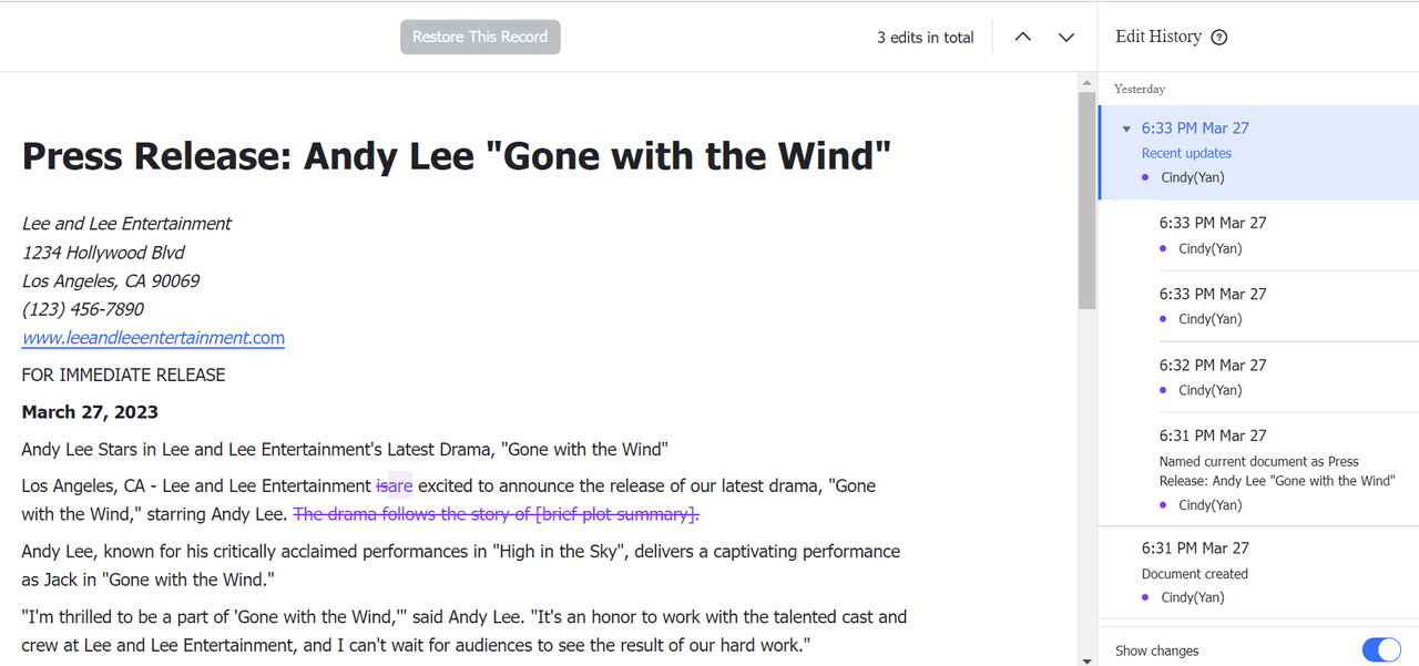 Comment and edit history in Lark Docs