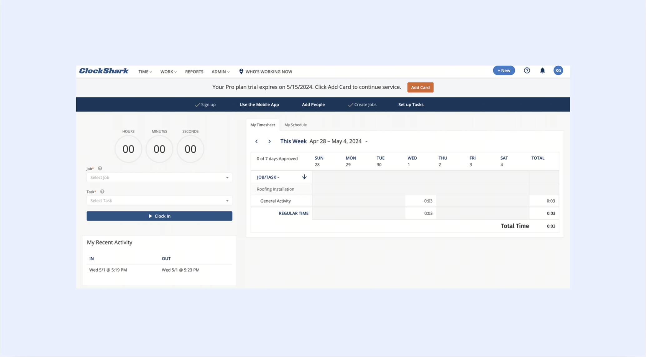 ClockShark field time tracking software interface showing construction employee timesheets and schedules