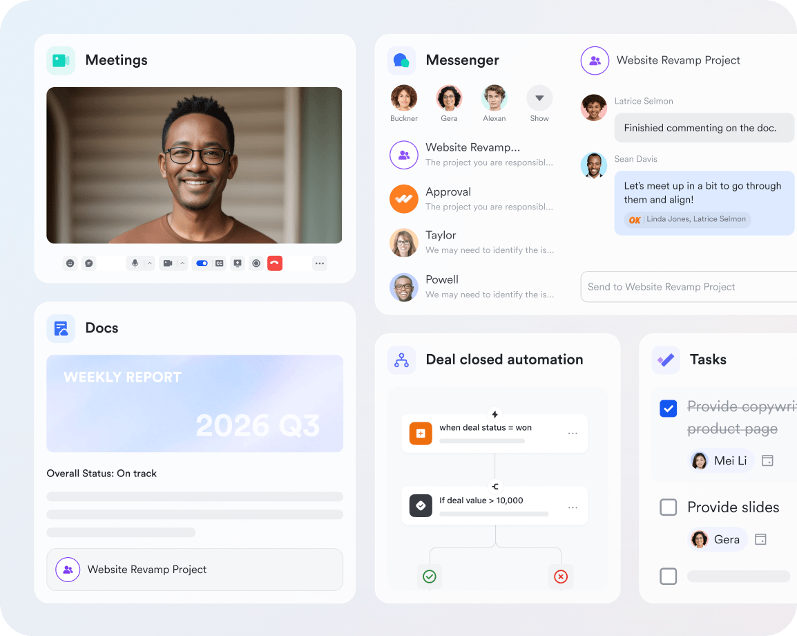Lark unified workspace interface integrating chat, docs, spreadsheets, and calendars in a single view.