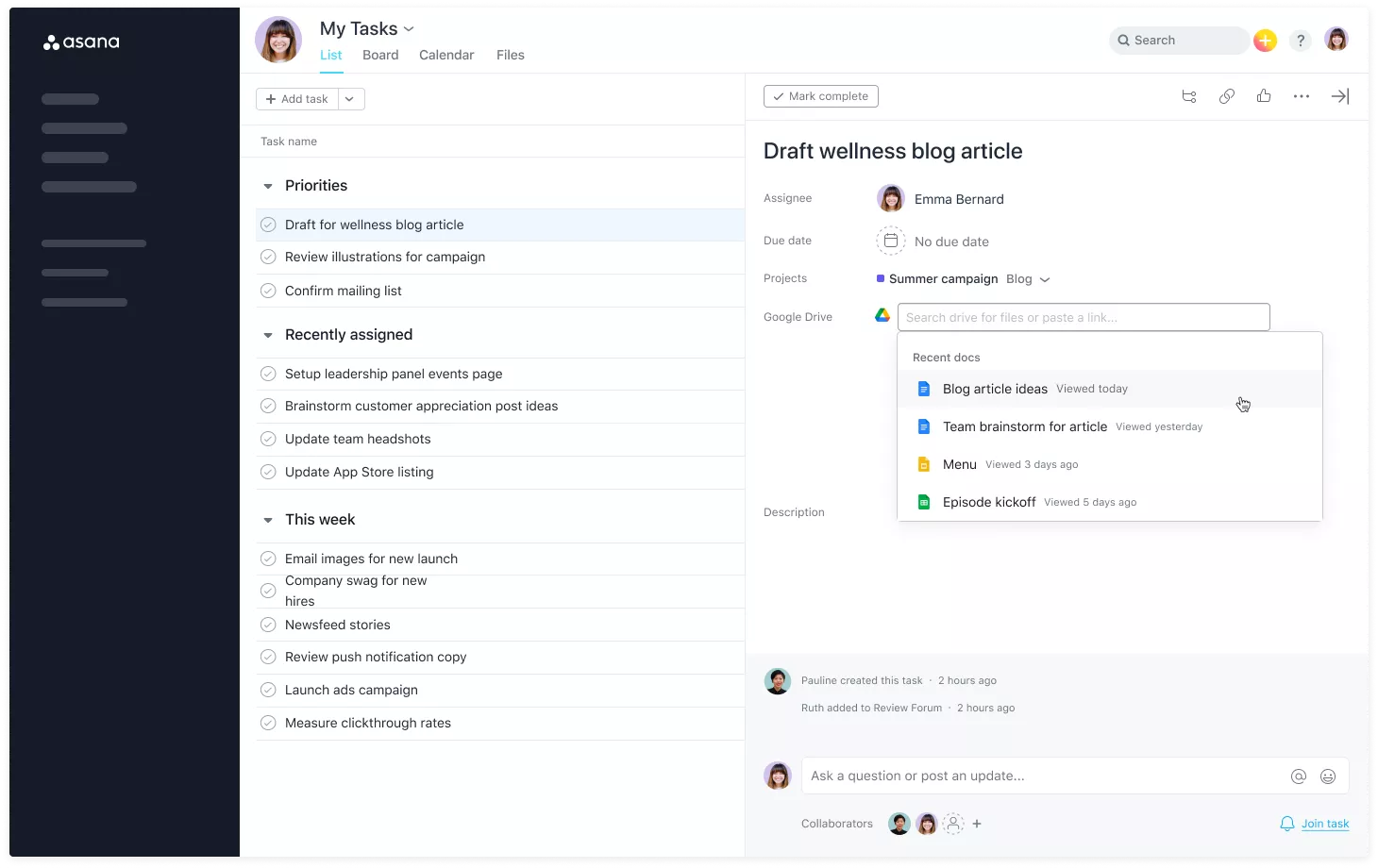 Asana task management dashboard
