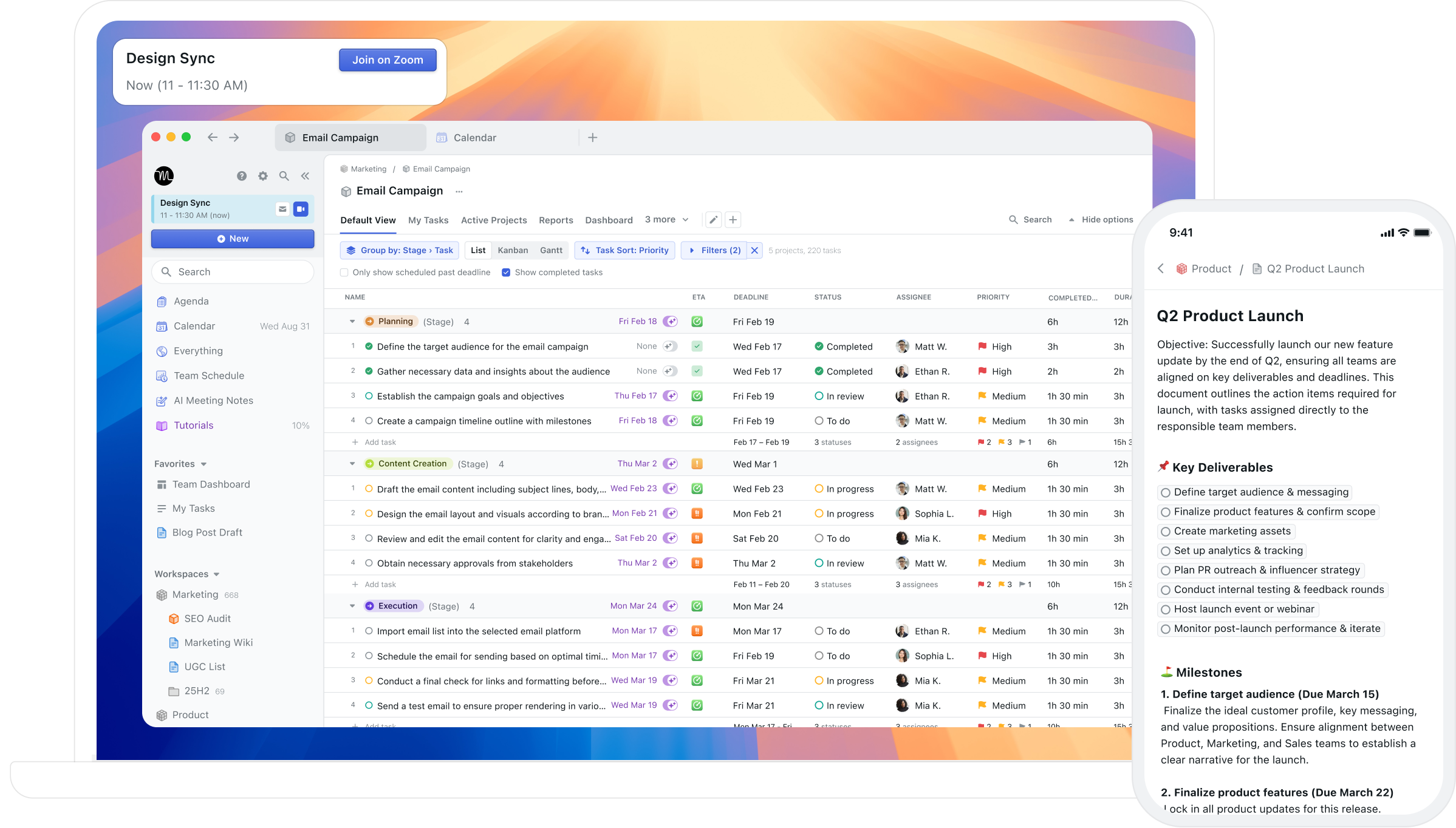 Desktop and mobile interface of motion, showing an email campaign database and task list