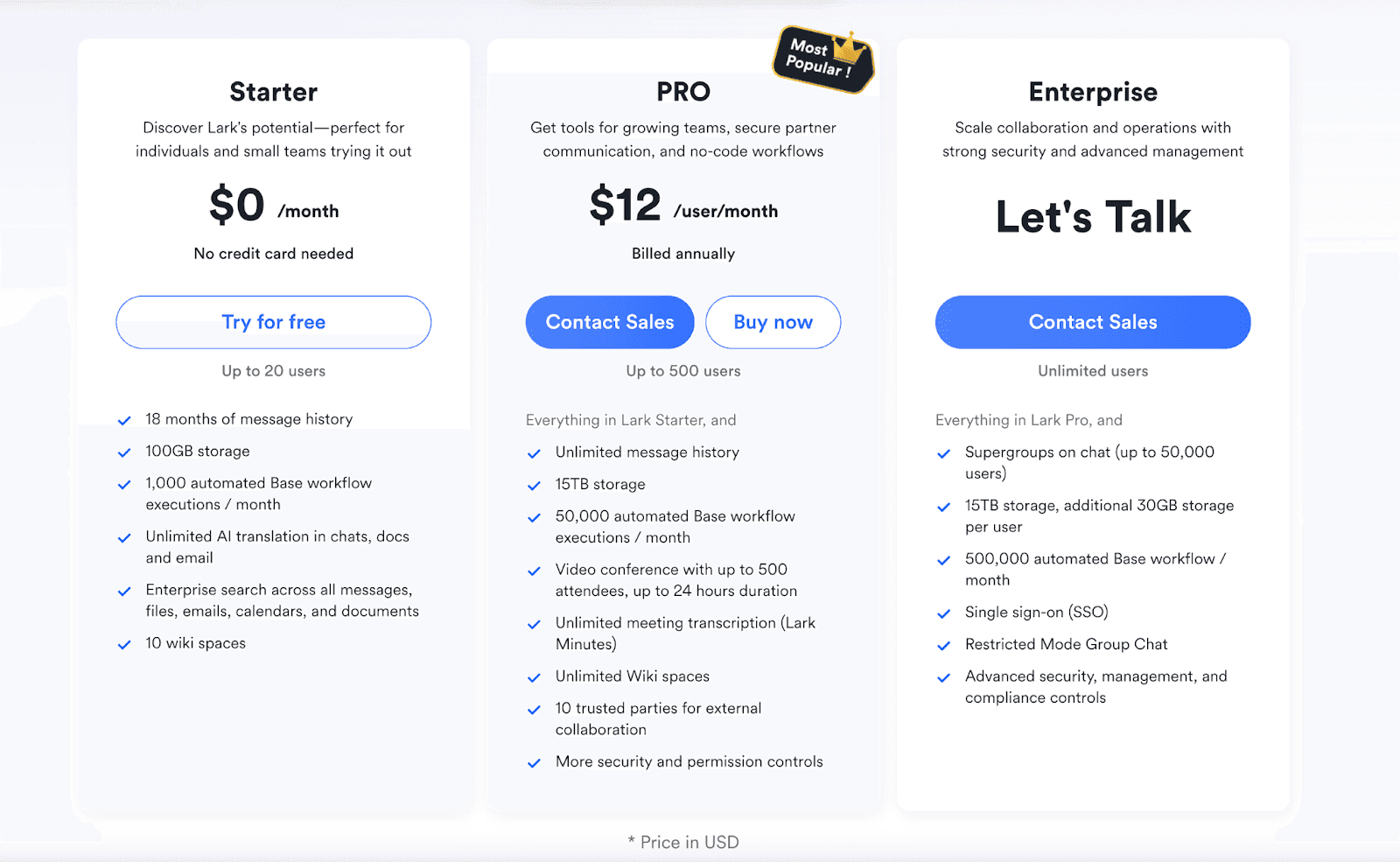 Plan pricing details for Lark