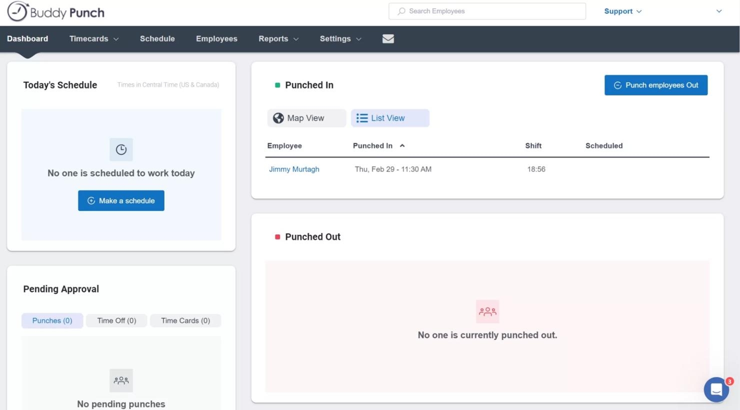 Buddy Punch admin dashboard showing employee punch-in status, schedule, and approvals