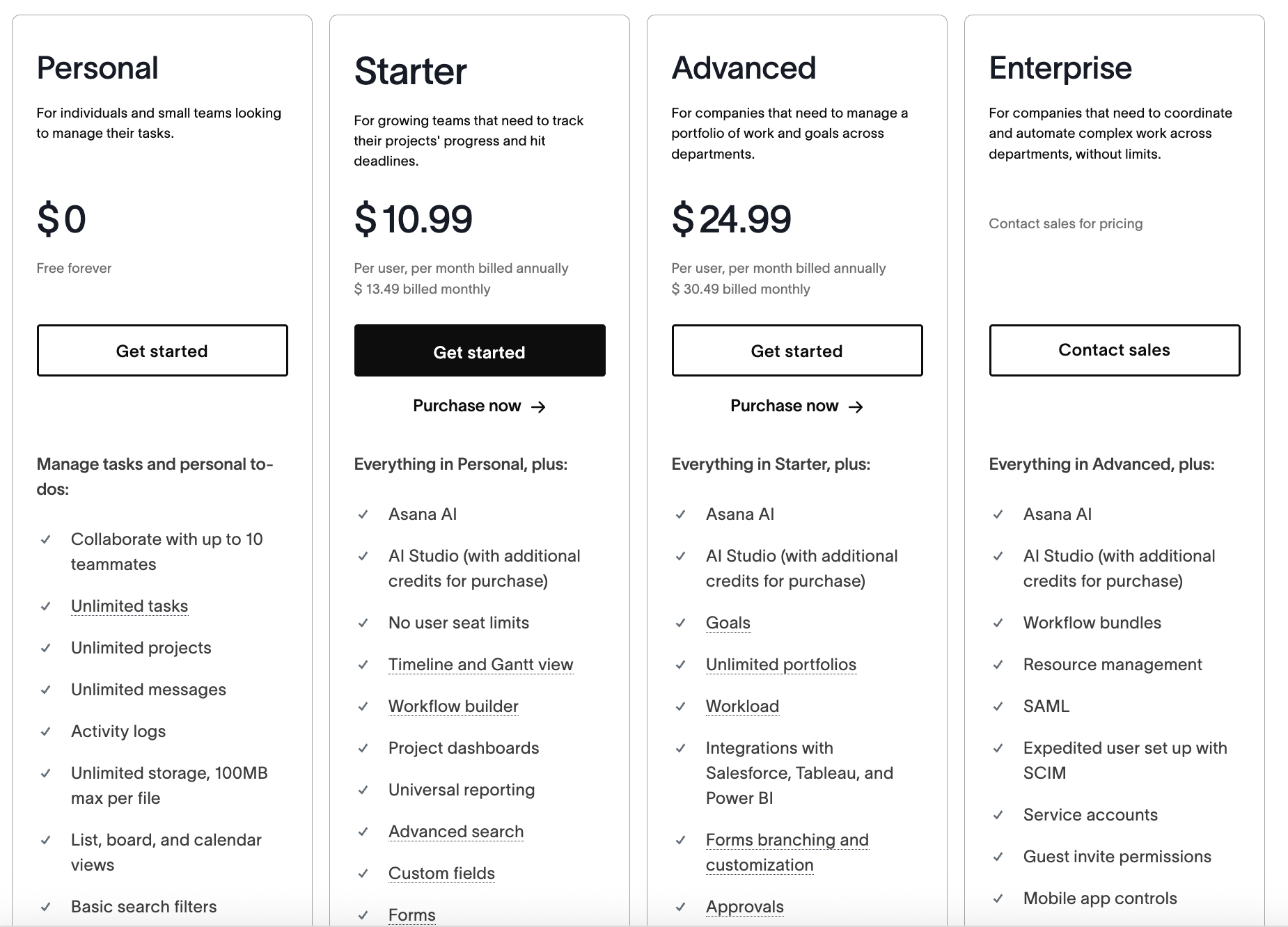 Asana pricing plans