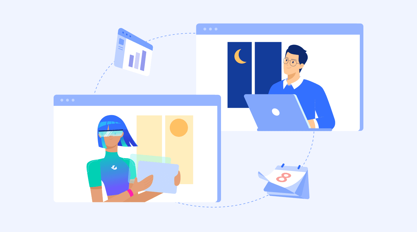 Illustration of a distributed team collaborating across time zones with shared files and calendar scheduling