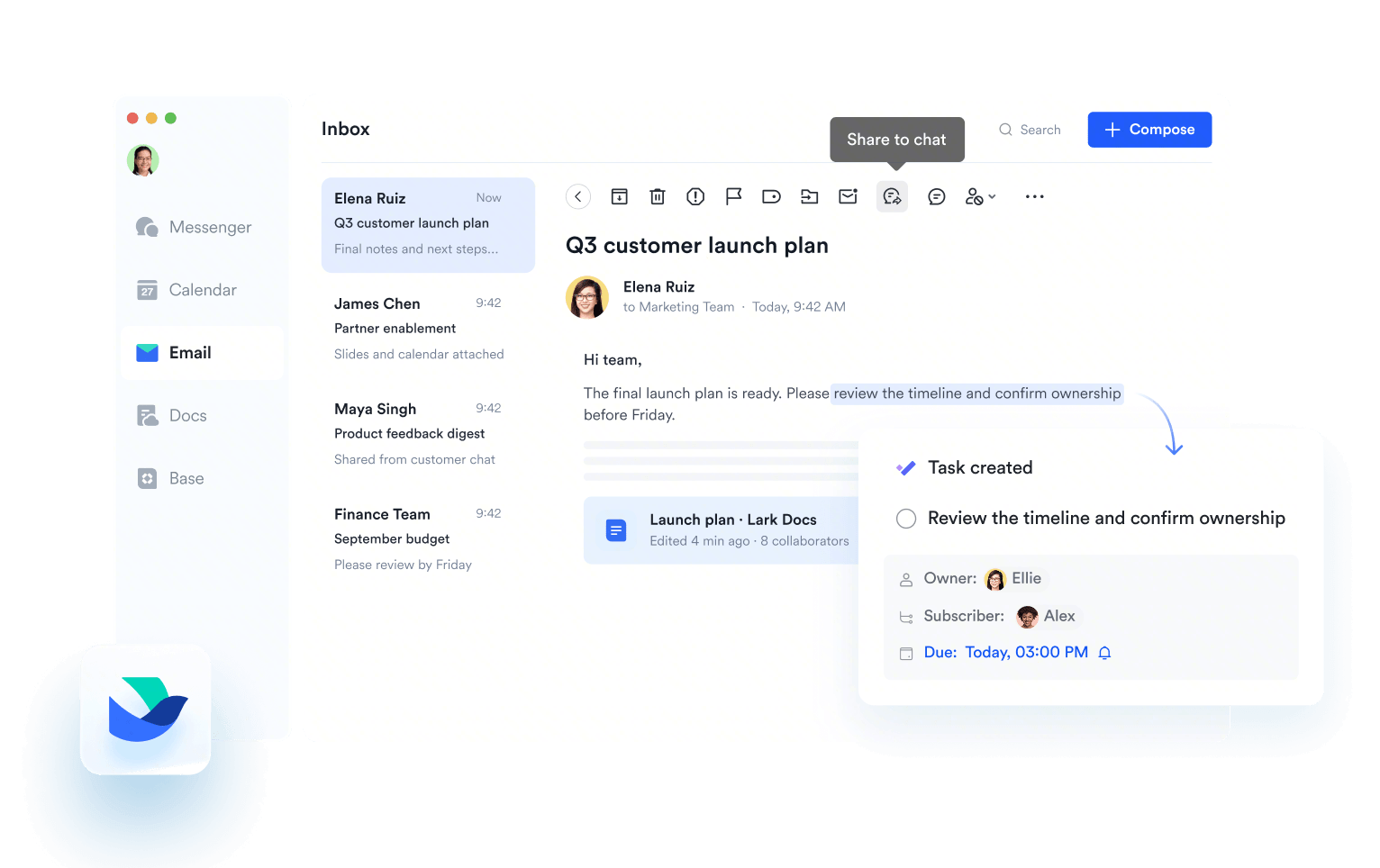 Bring your business email, team chat, collaborative docs, and automated workflows into one powerful, unified workspace with Lark.