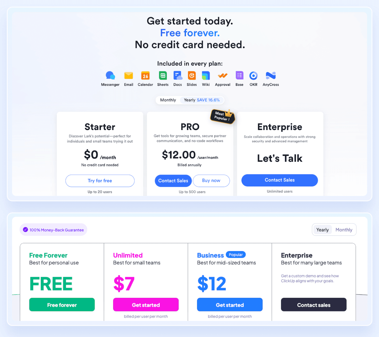 Lark vs Clickup pricing plans as of April 2025