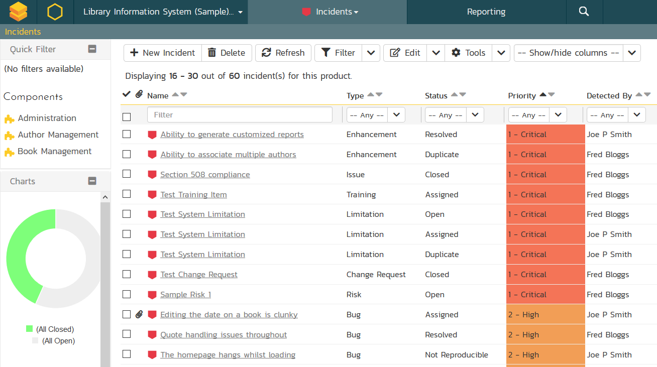 SpiraTeam bug tracking system