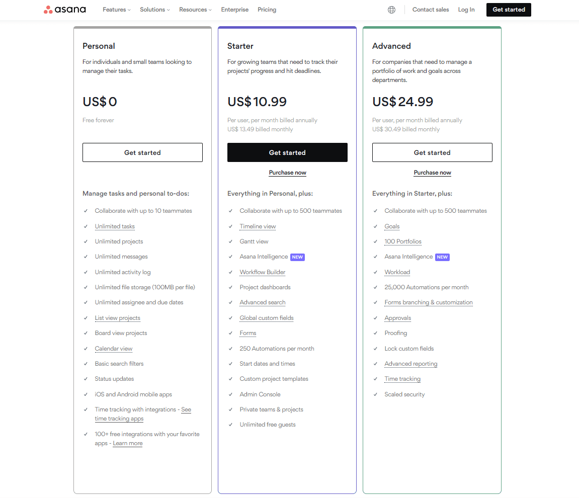 Screenshot of Asana's pricing page