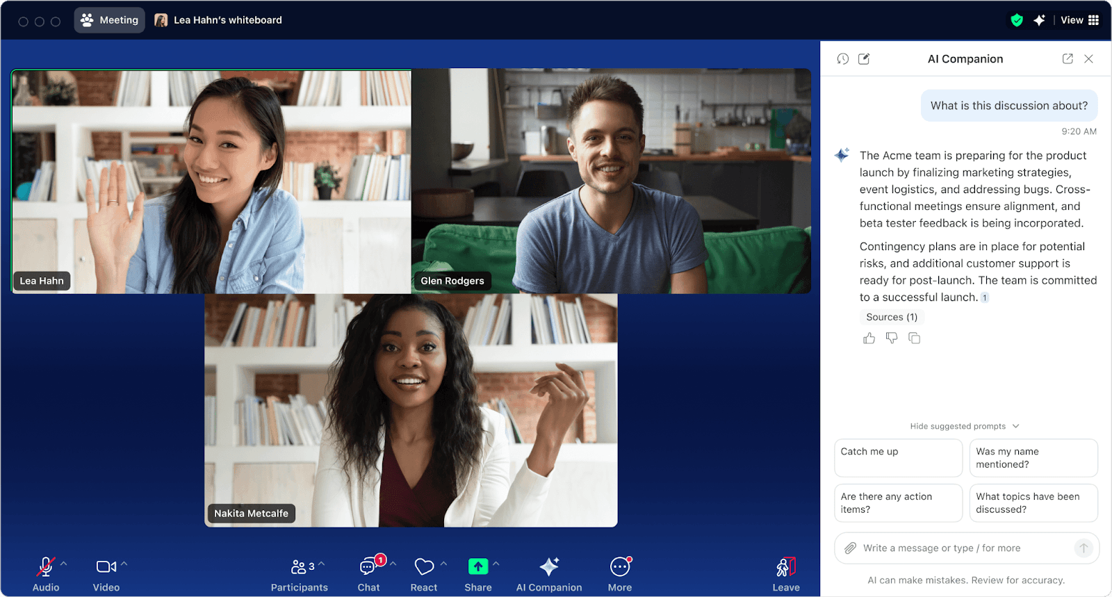 Zoom’s AI companion panel appears on the right side of the meeting