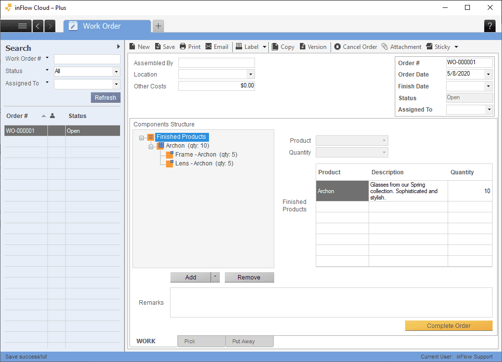 Creating a work order in the&nbsp; InFlow Inventory interface