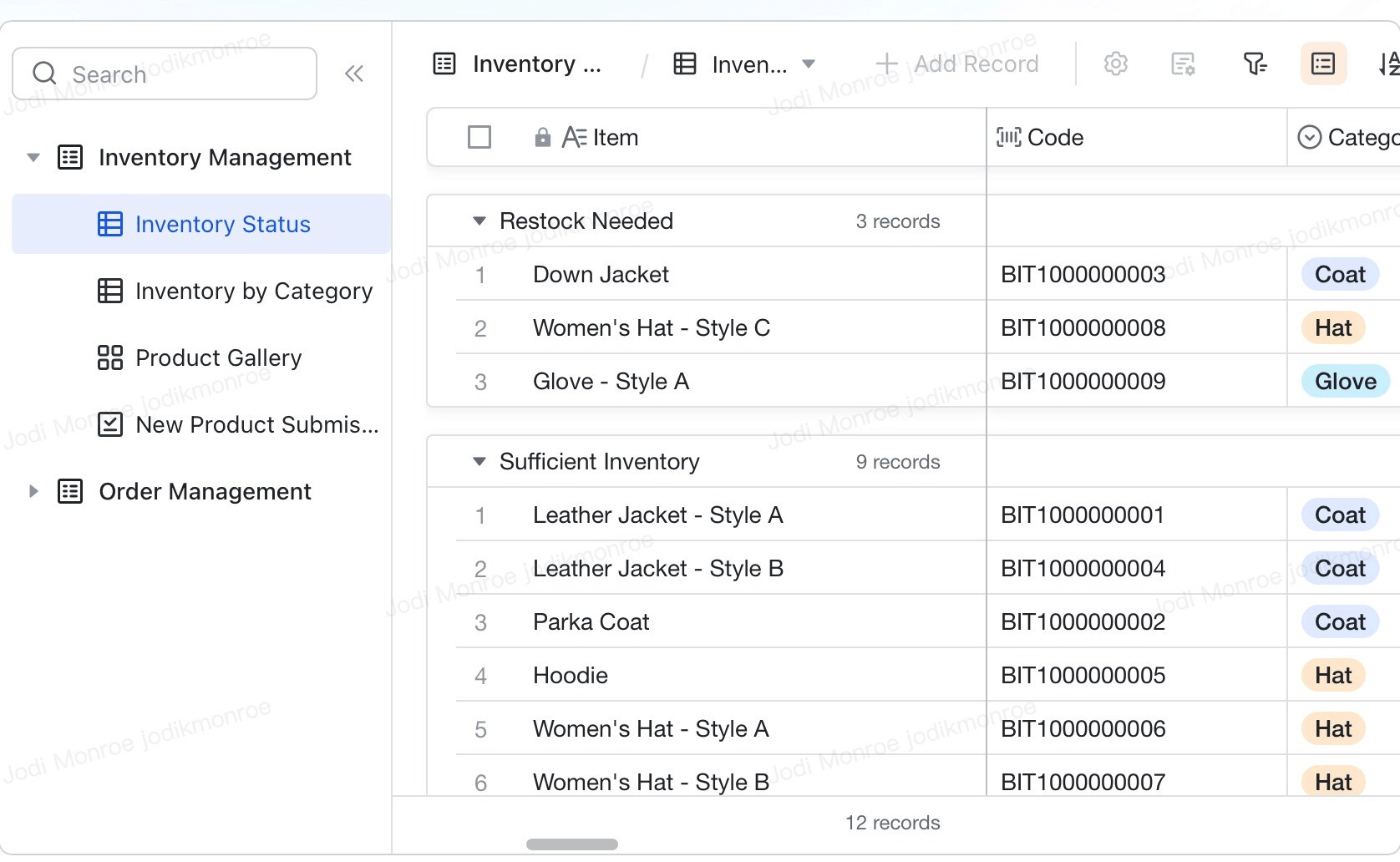 Screenshot of Lark order and inventory template
