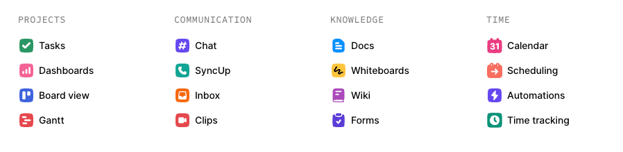 The main features of ClickUp project management tool
