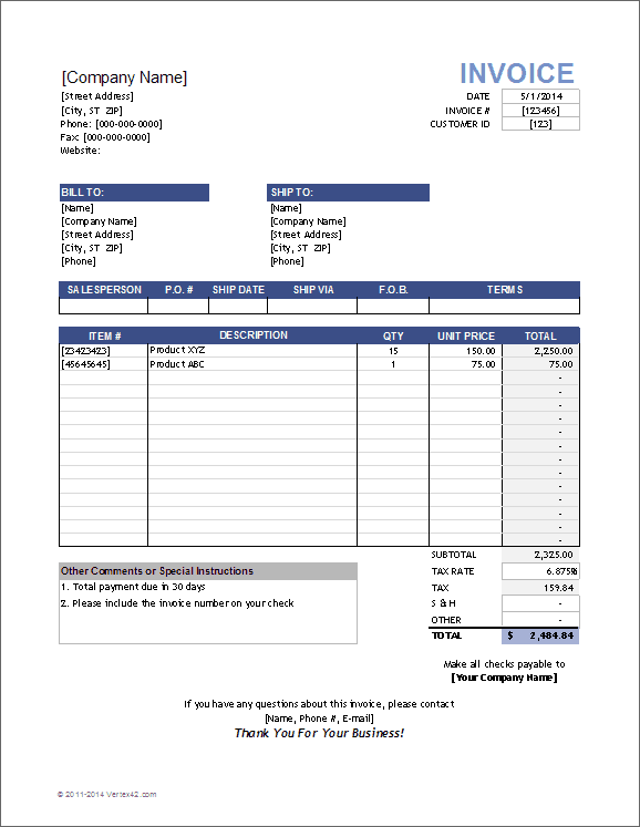 Vertex42 sales invoice template