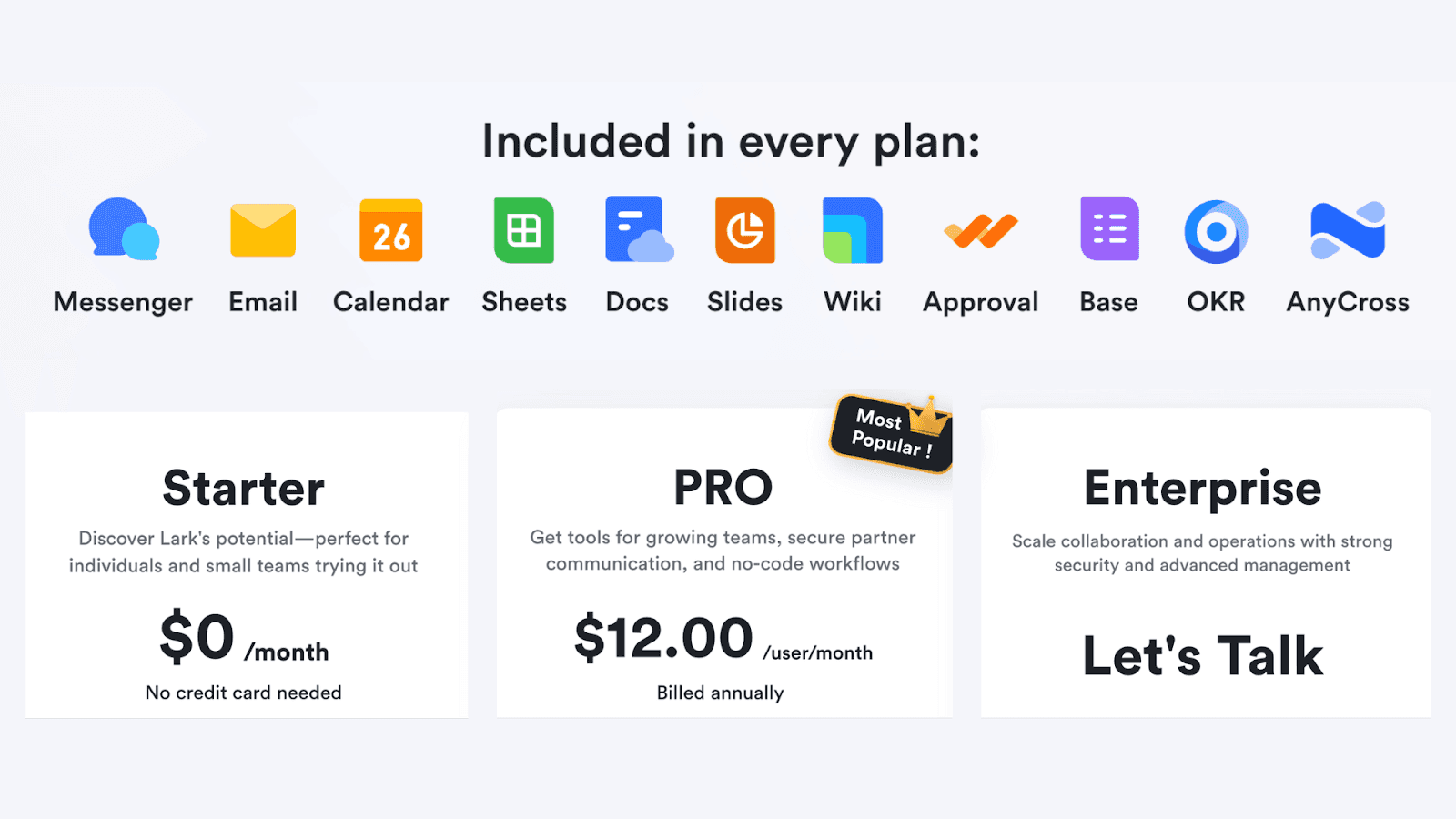 Lark’s three pricing plans and features included in the plan