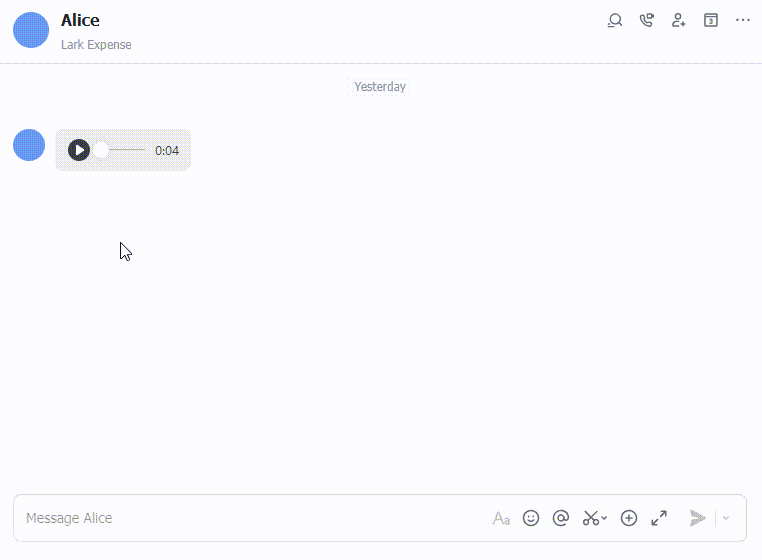 Lark chat interface featuring translation of Chinese audio text to English by Alice