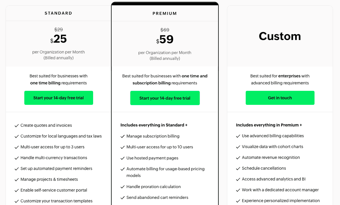 Screenshot of Zoho Billing pricing page