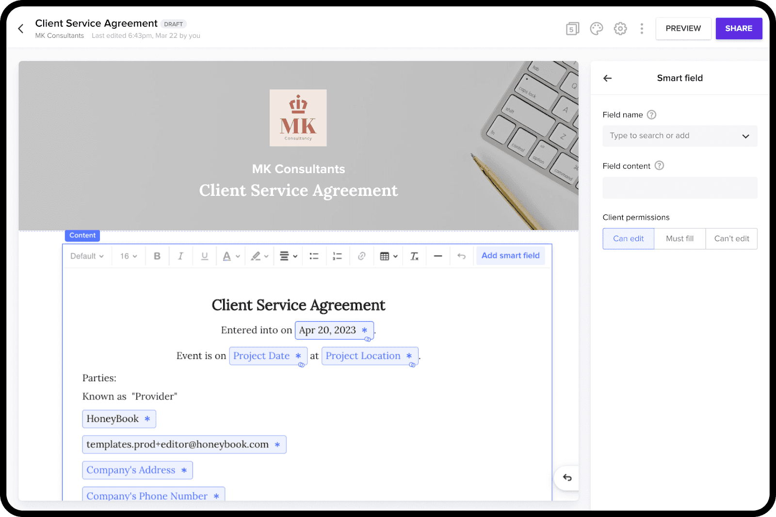 Interface of HoneyBook
