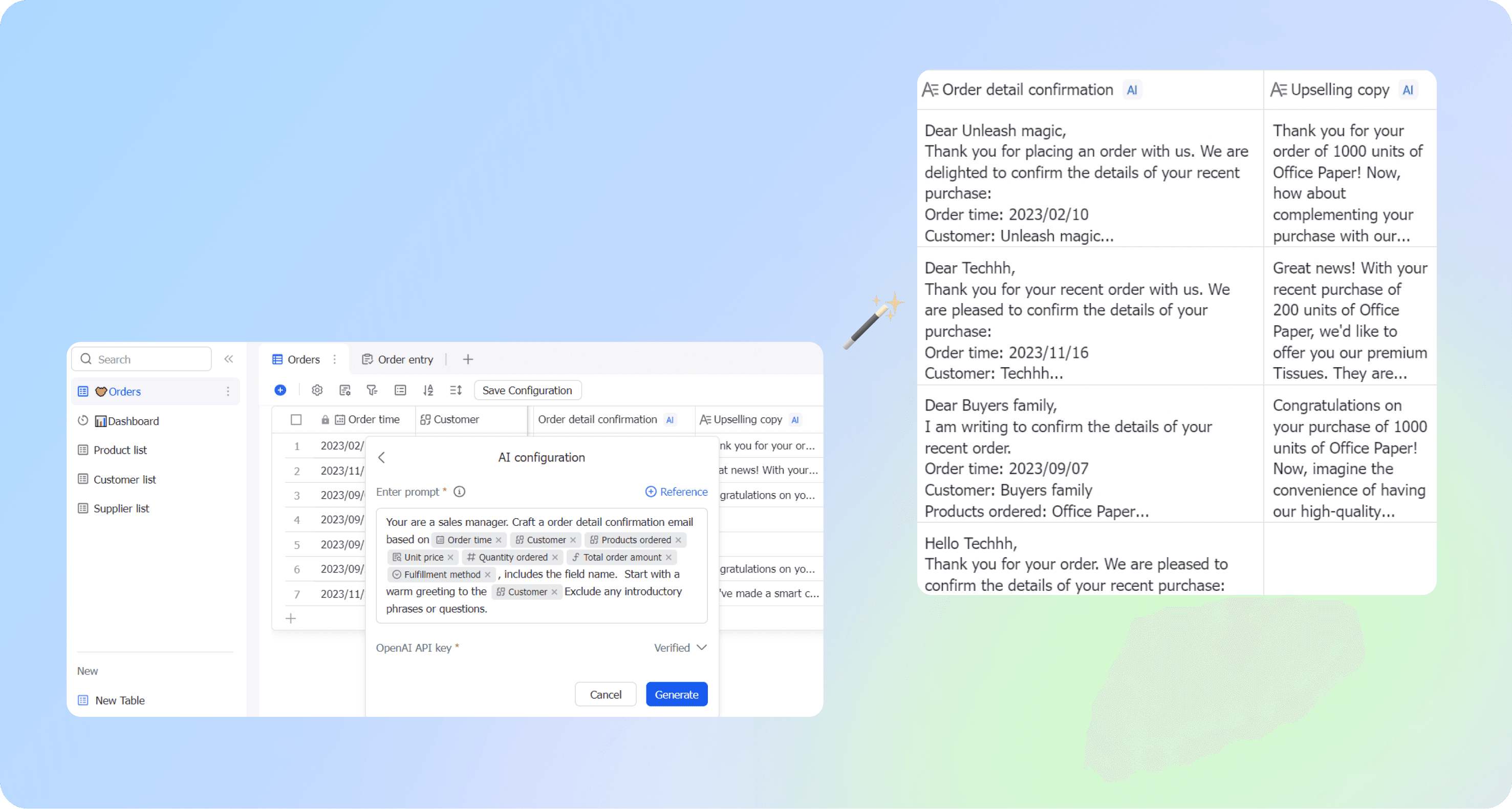 Send order confirmations automatically using OpenAI and Lark Base.