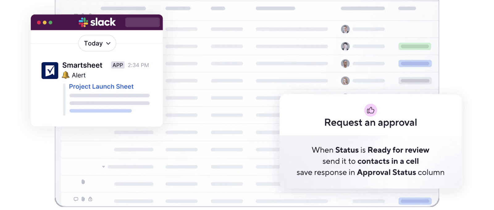 Smartsheet interface showing project alerts and approval requests.