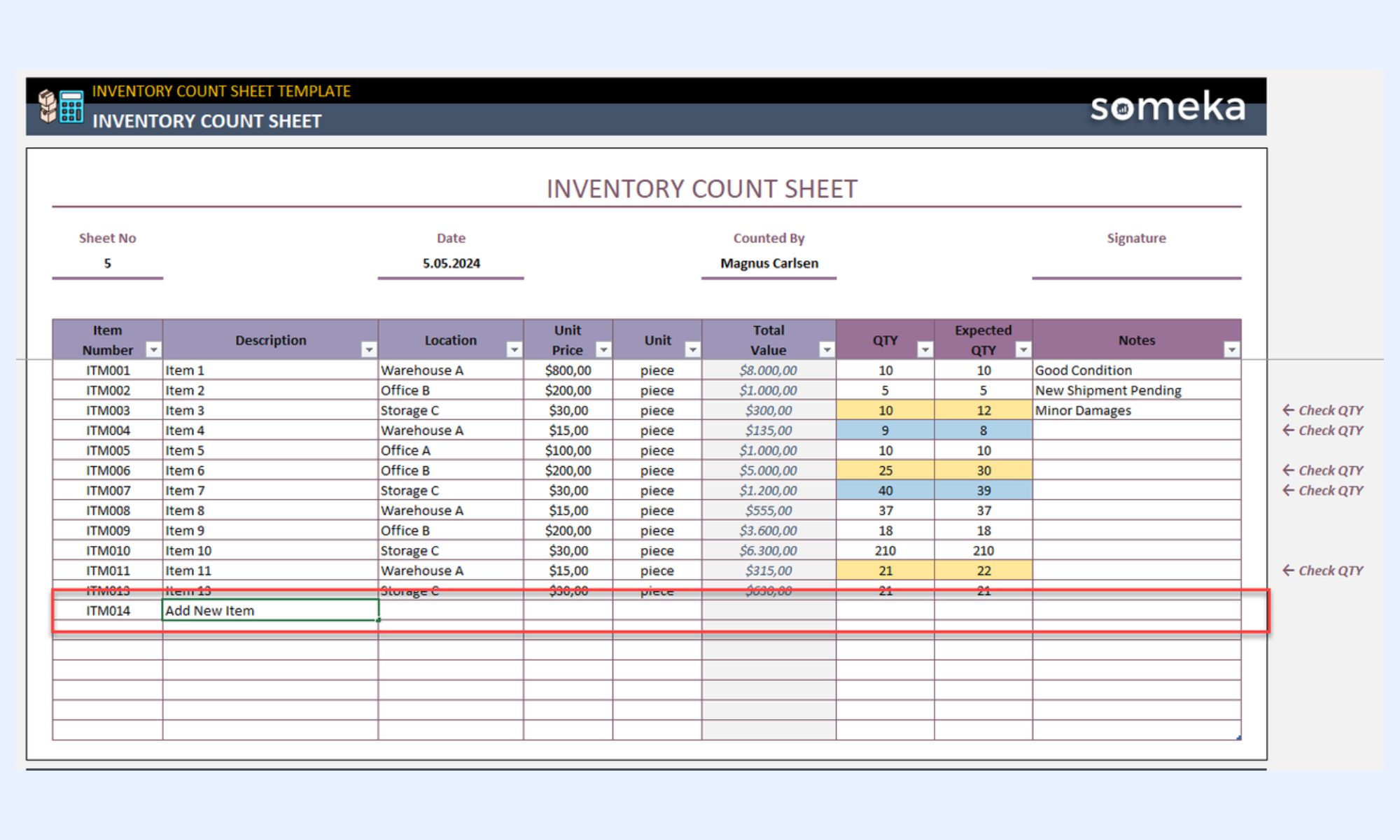Record the physical count using this template
