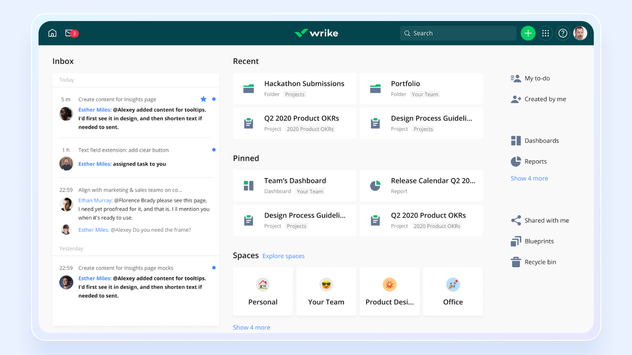 Wrike's home interface, used to manage and plan projects