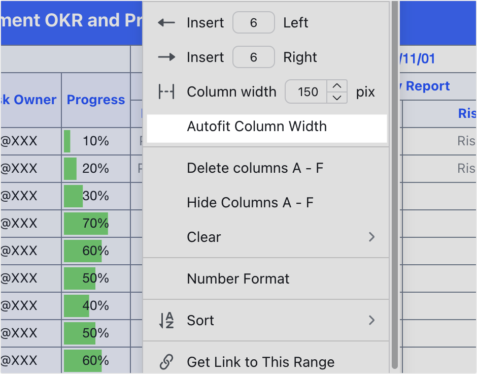 Adjust row height and column width in Sheets