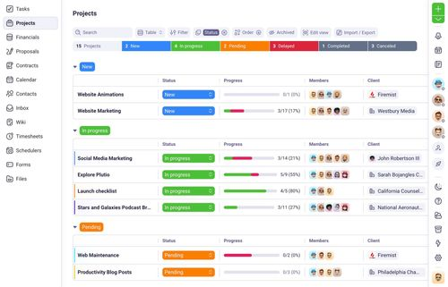 Plutio dashboard showing projects, tasks, and client management