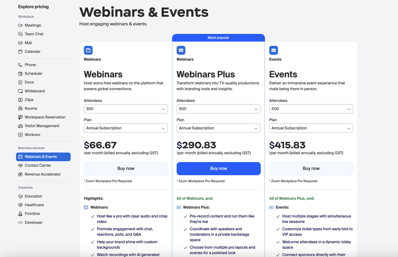 Check the Zoom webinar and event pricing plans