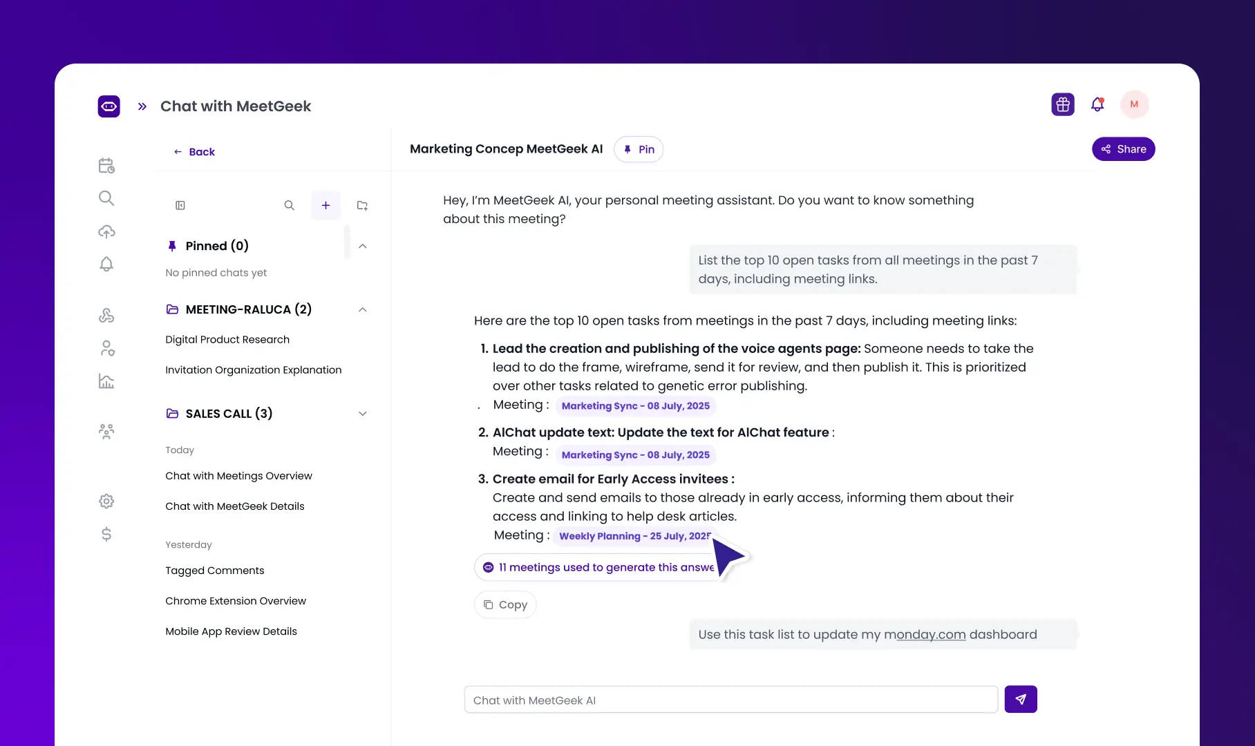 Interface of meetgeek.ai, which offers meeting minutes ai free plan