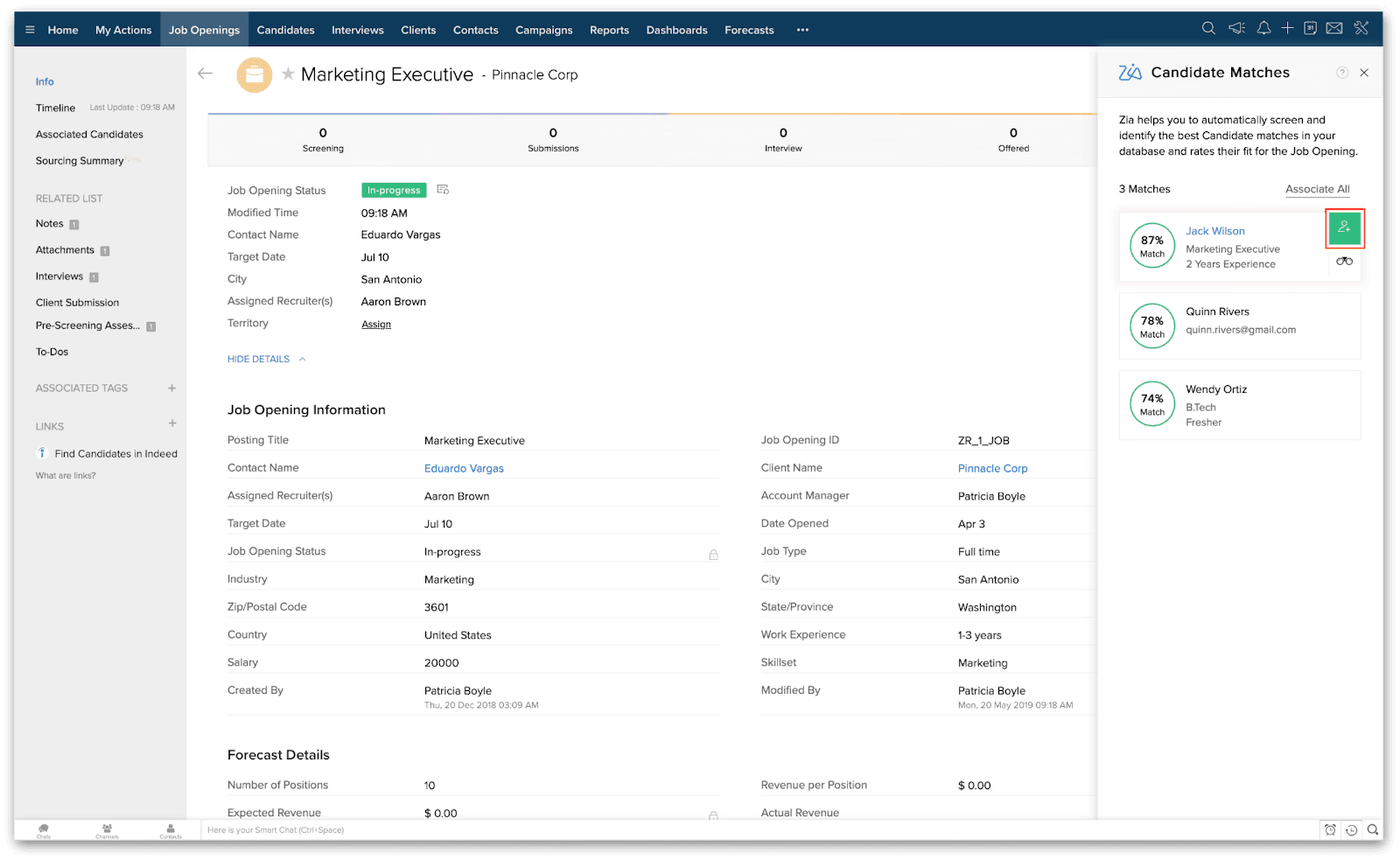 A screenshot of Zoho Recruit