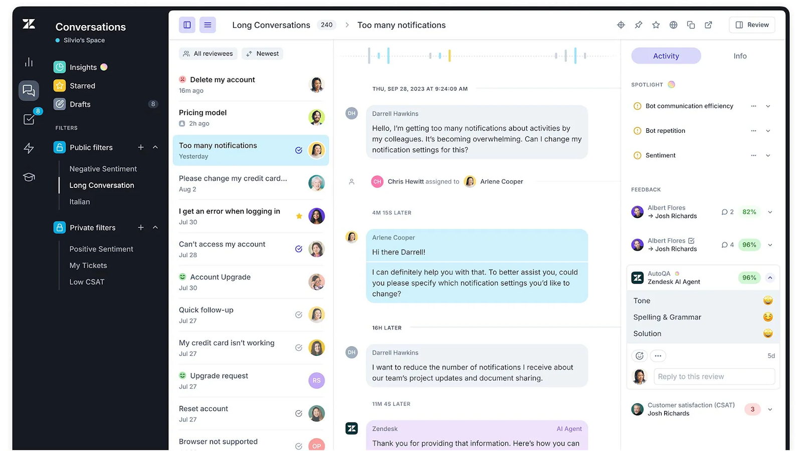 Zendesk Sell AI-powered customer satisfaction level rating
