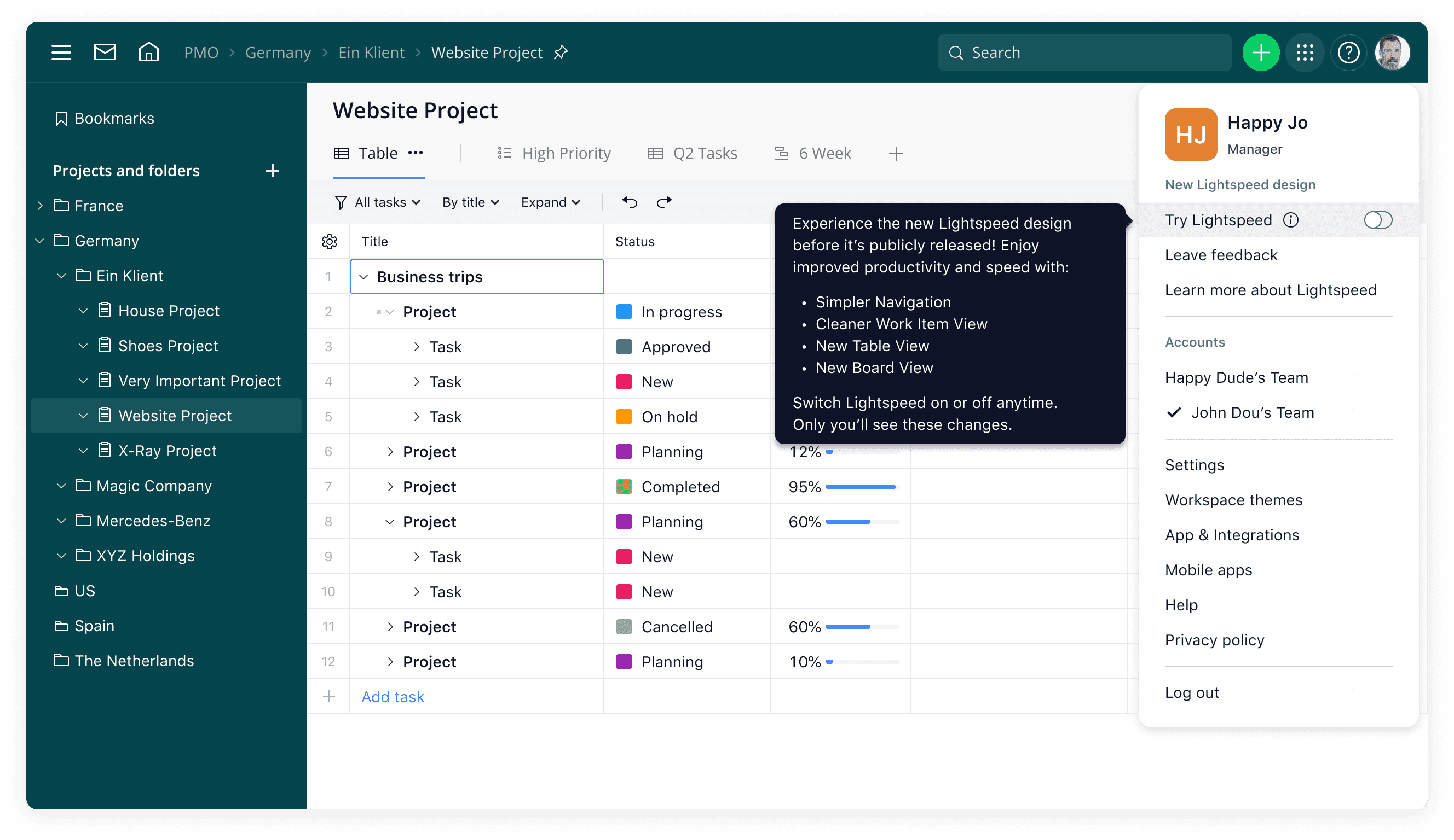 Interface of Wrike, showing task boards on the side and critical tasks of a website project opened