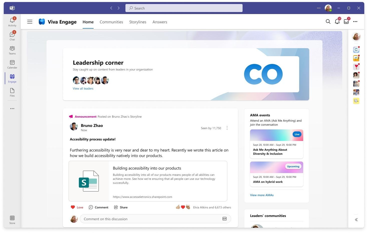 Screenshot of Viva Engage's Leadership Corner interface