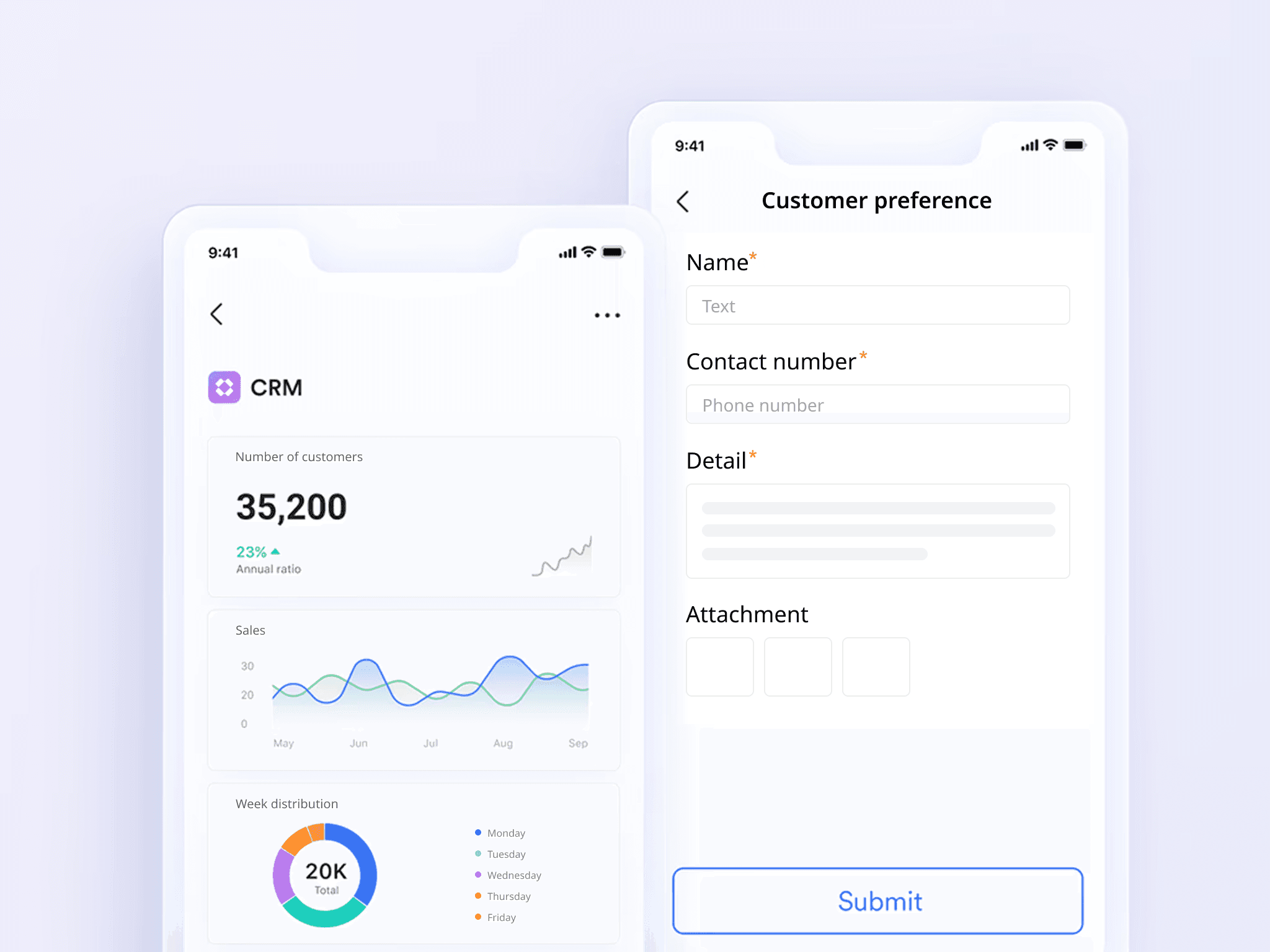Lark's restaurant CRM on mobile, showing both dashboard and form for data entry