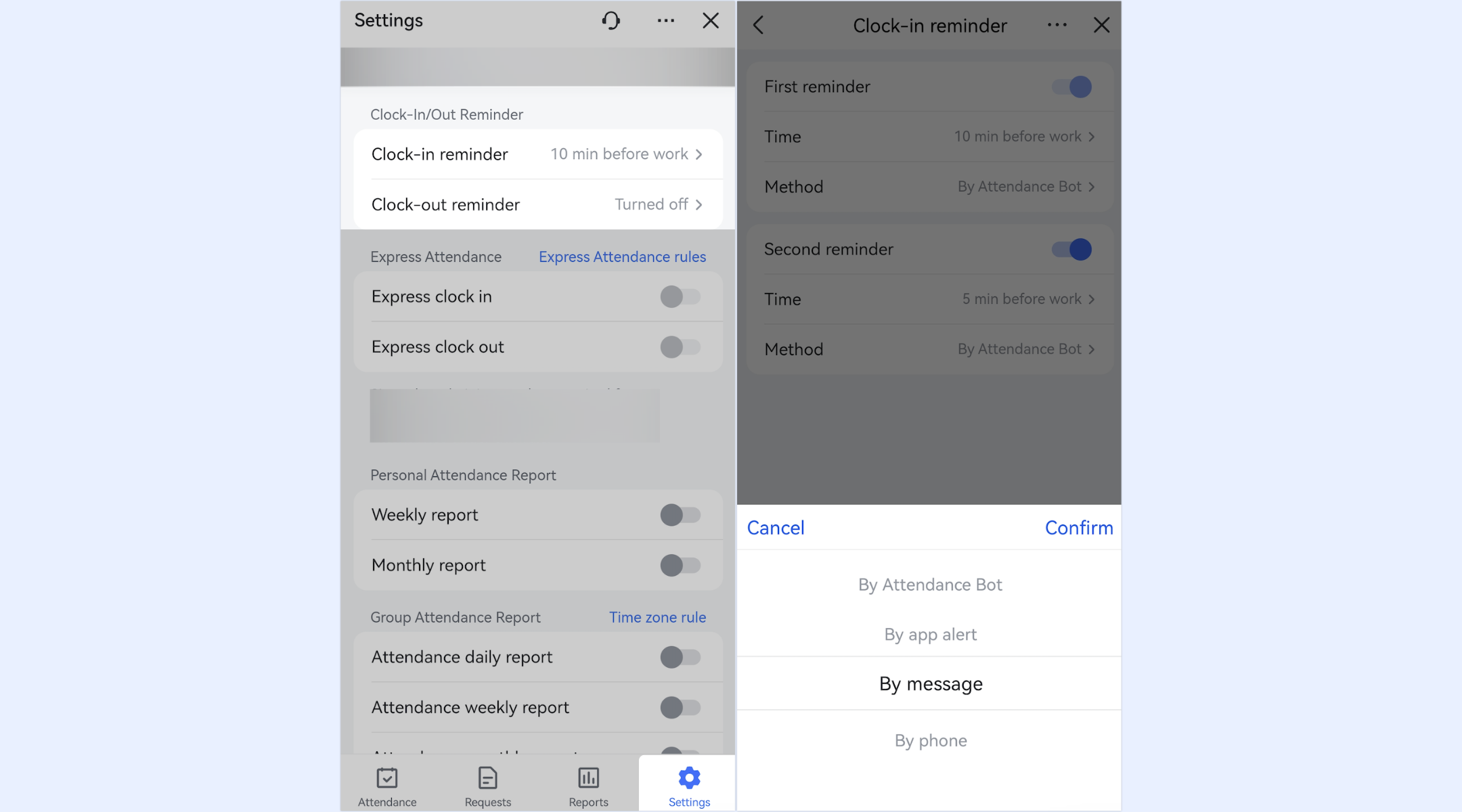 To set smart attendance reminder in Lark