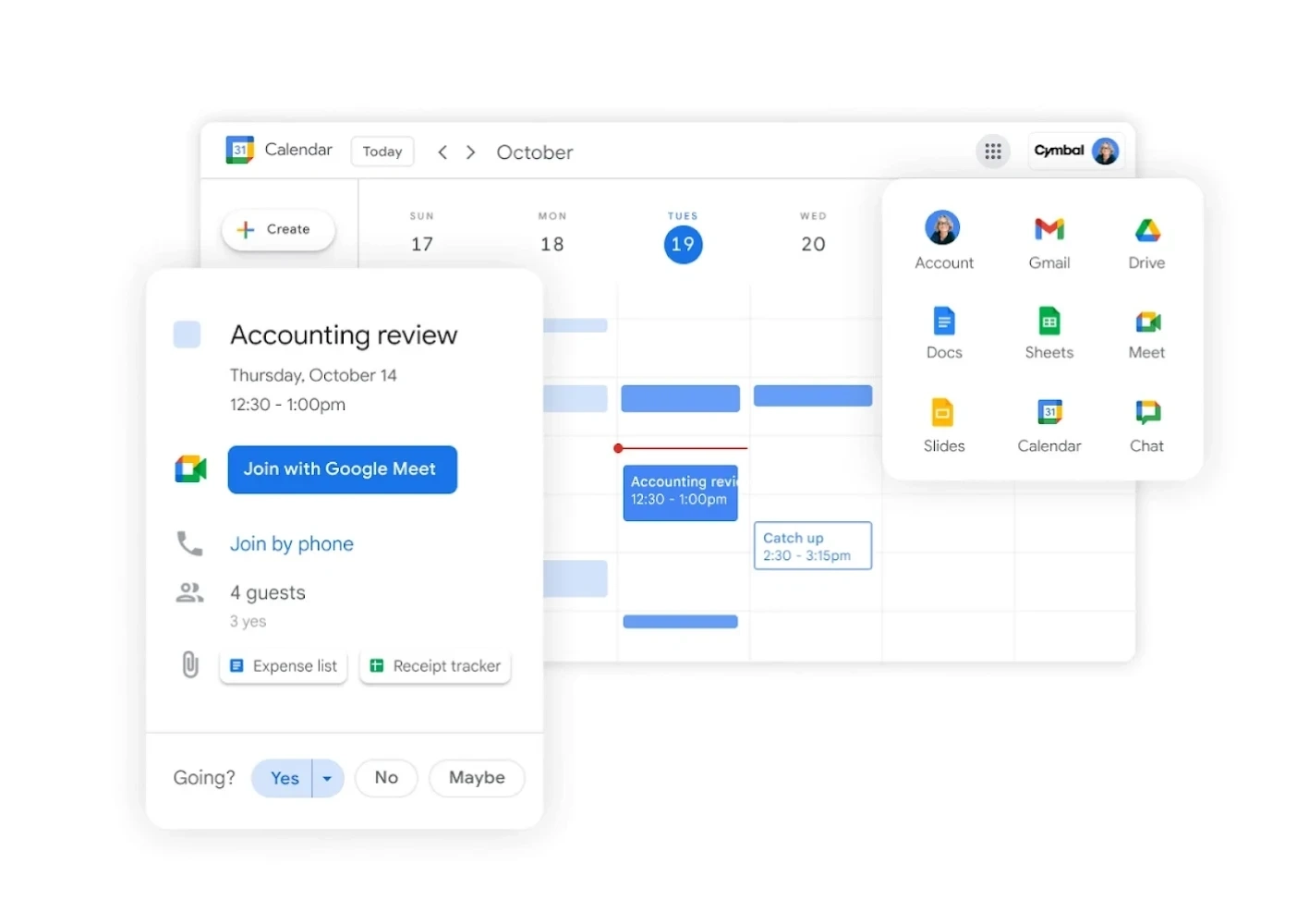 Google Calendar app with a panel showing Google Docs, Meet, Chat, Drive 
