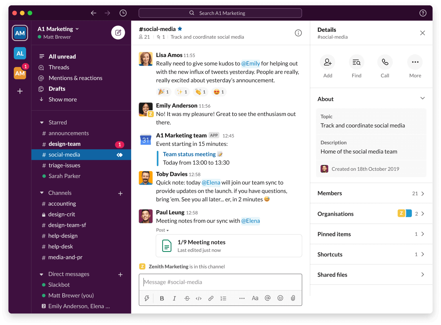 Interface of Slack with a chat opened
