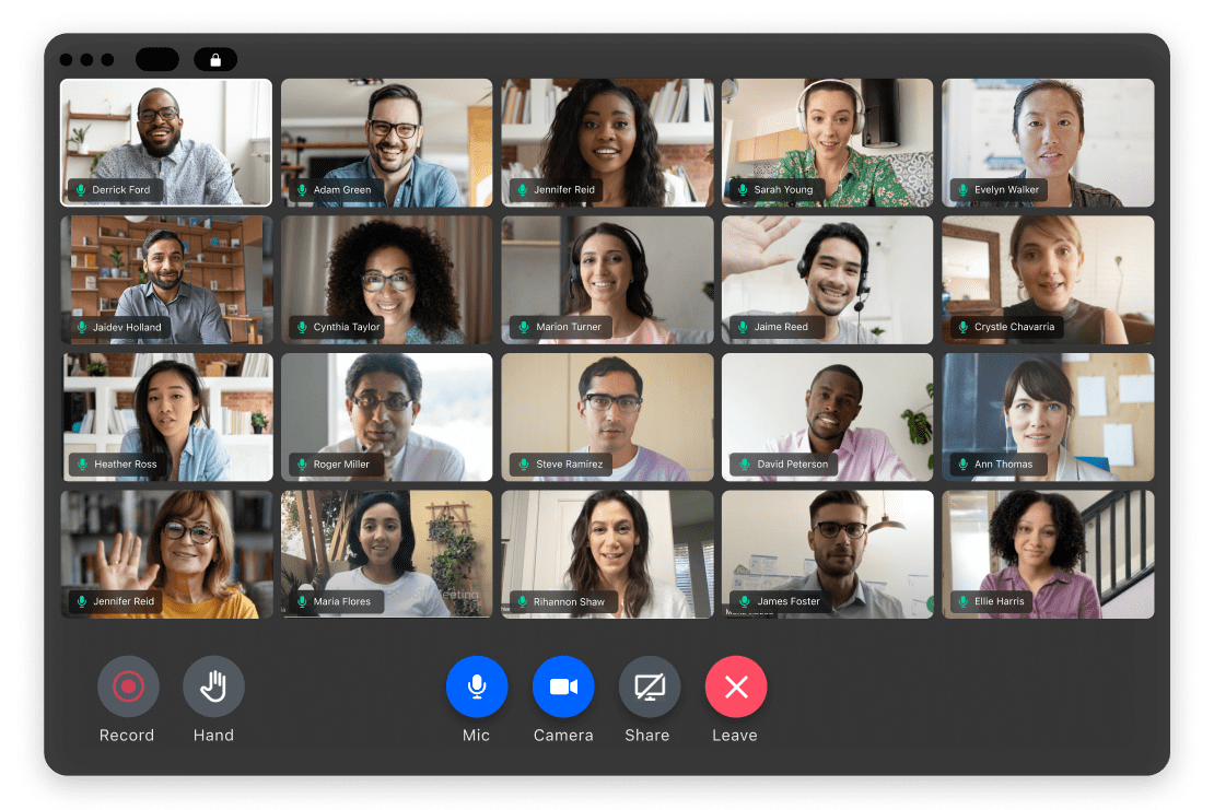 GoTo Meeting interface showing participants, screen sharing, and chat panel