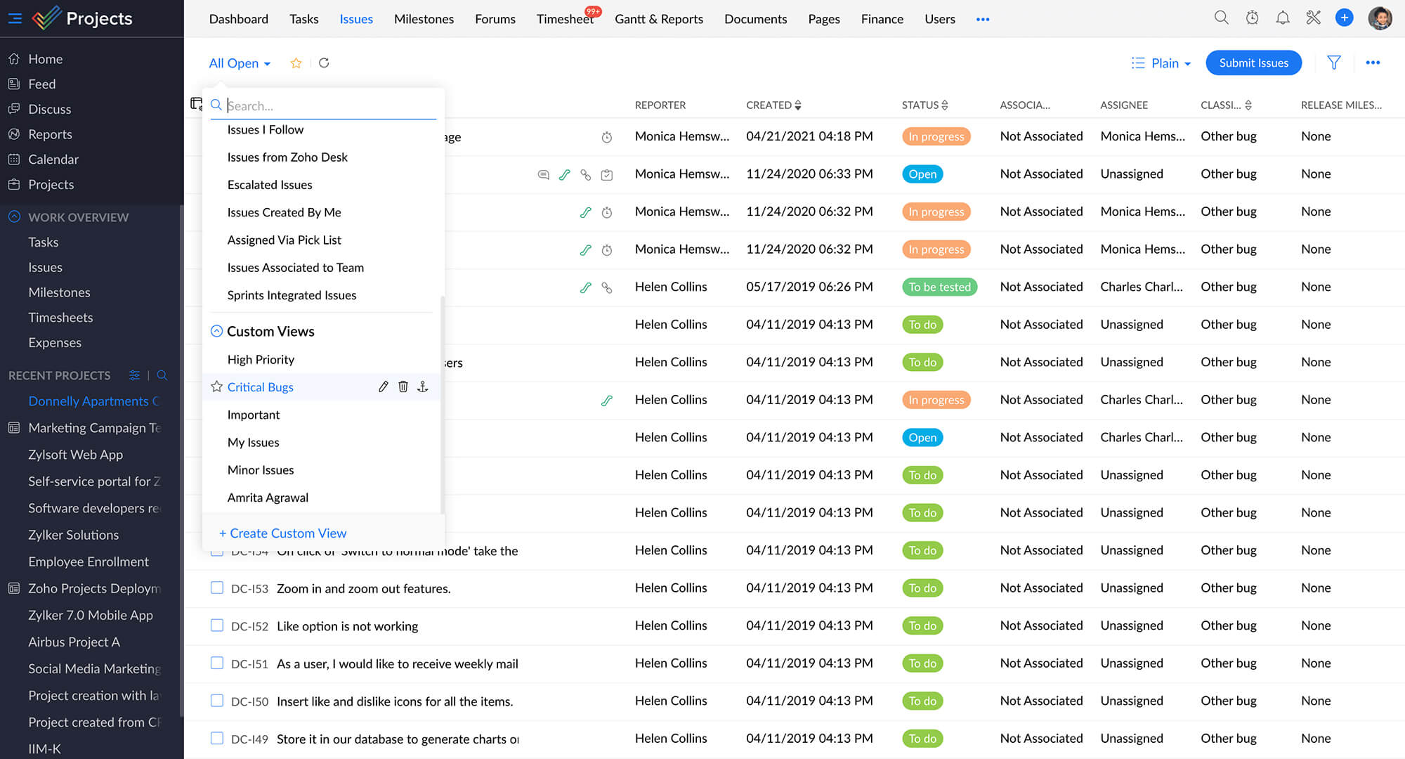 Zoho projects built-in bug tracking