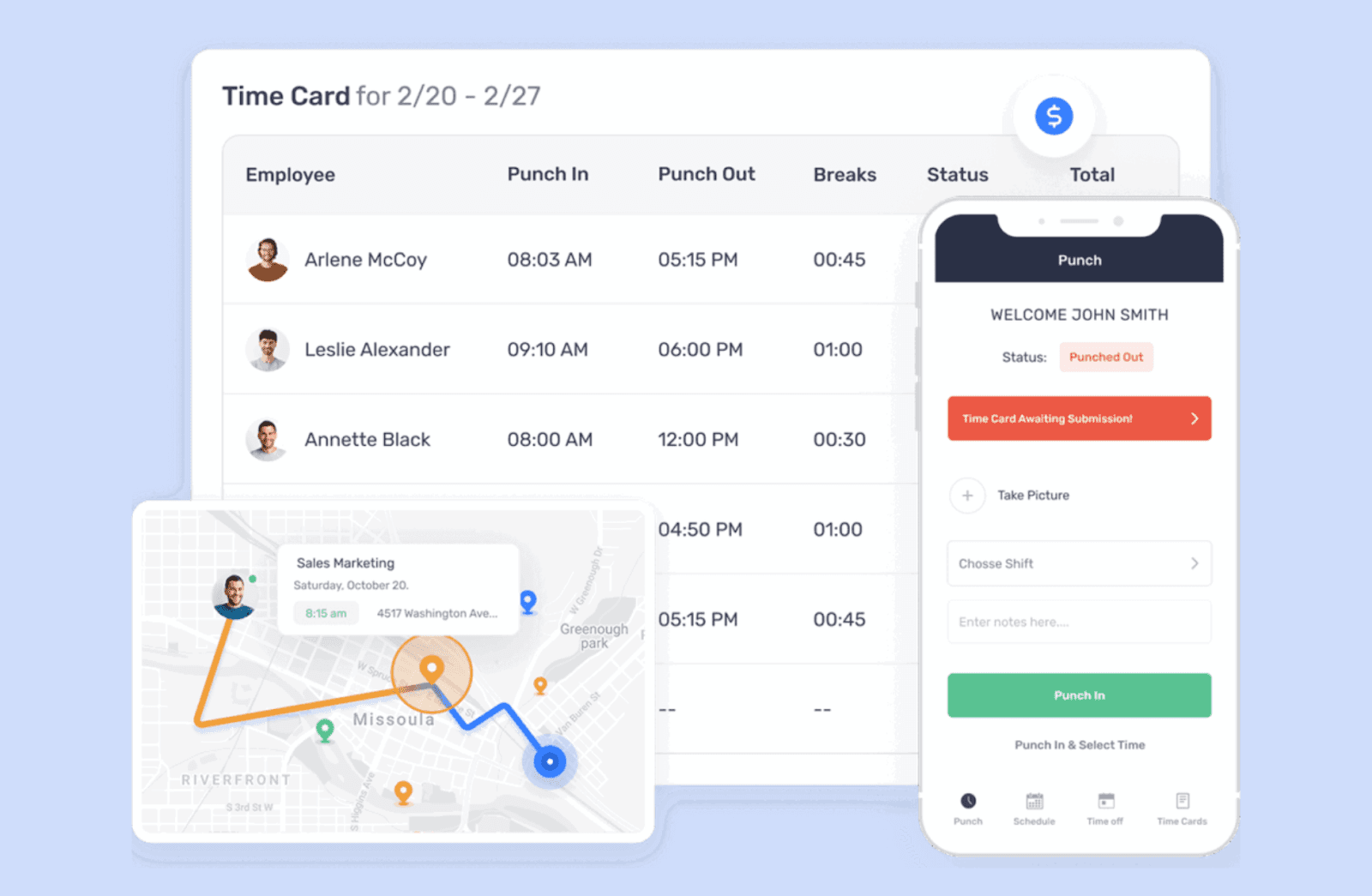 Employee time card on Buddy Punch 