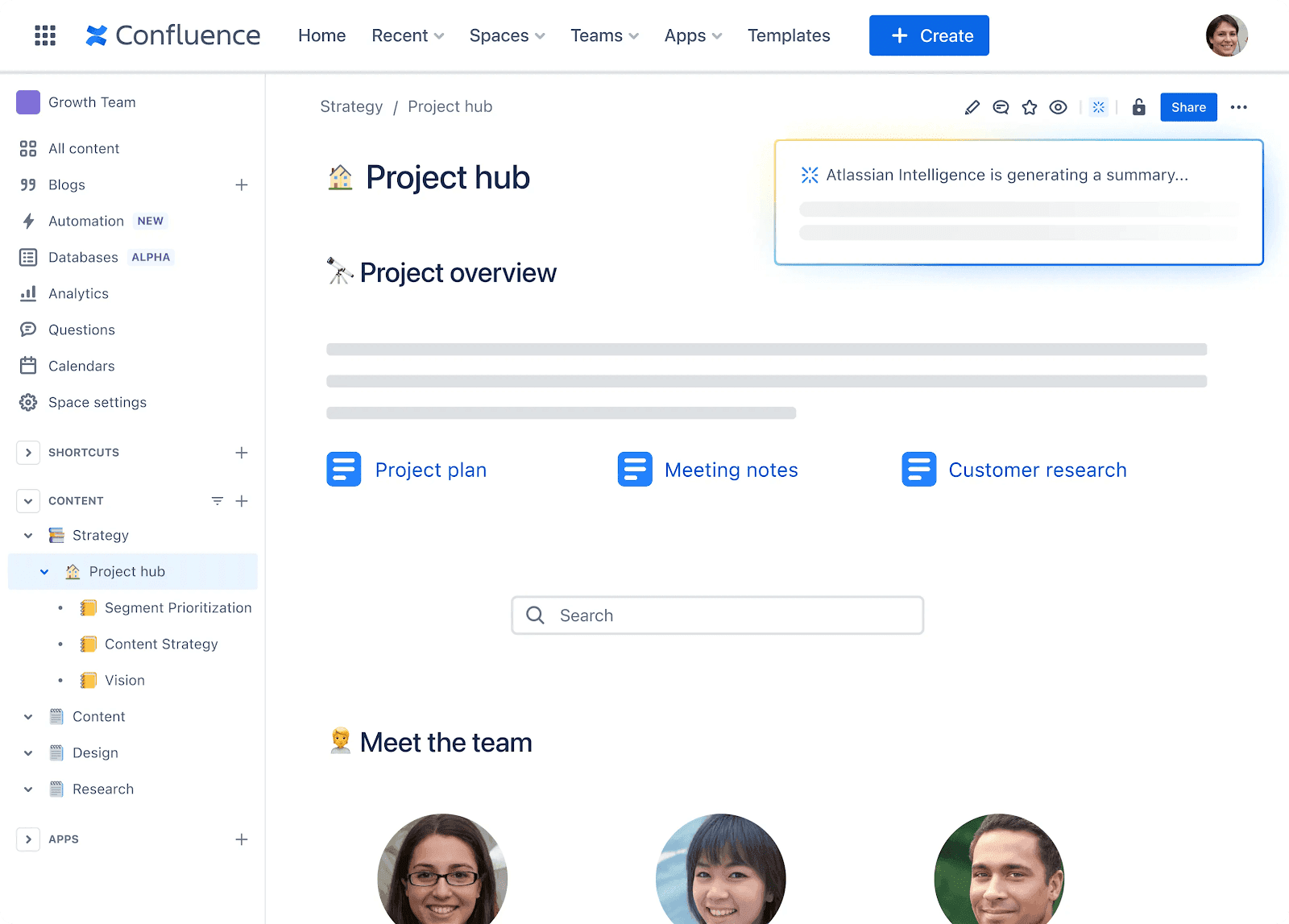 Confluence with the left navigation bar opened showing different functions, shortcuts, and content