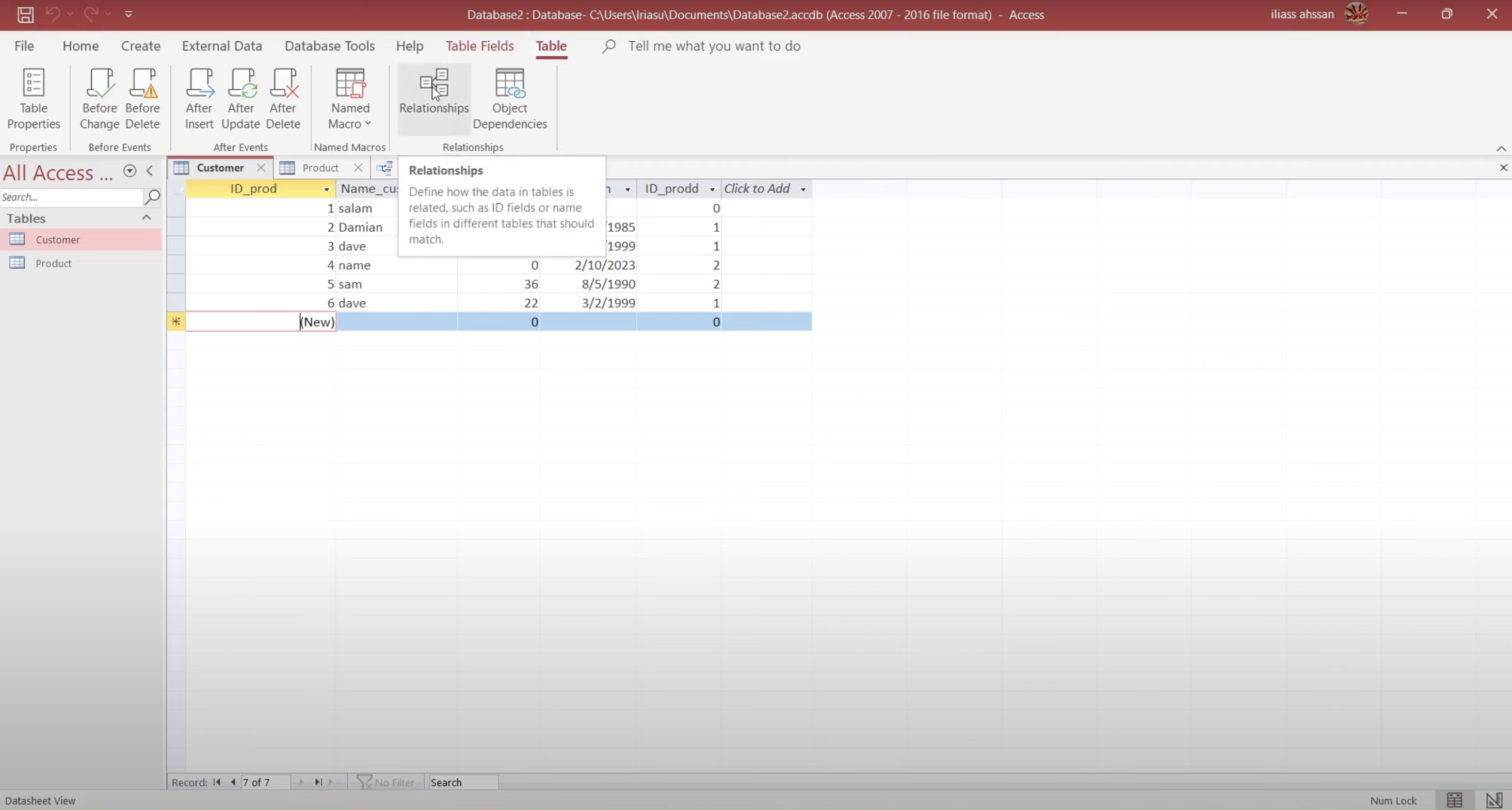 Establish relationships between tables in Access