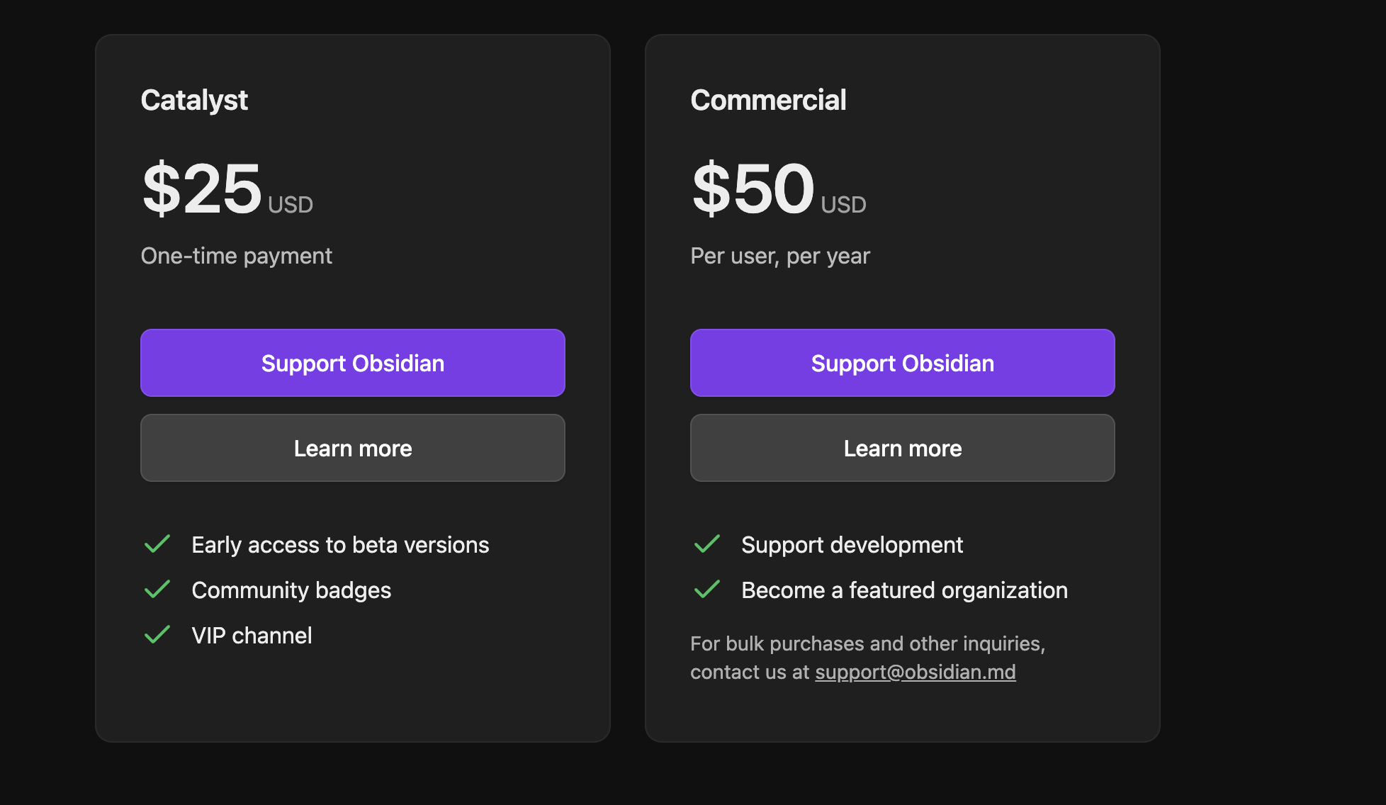 Obsidian pricing for independent development