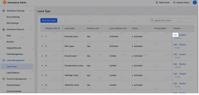 Managing leave type and rules in Lark